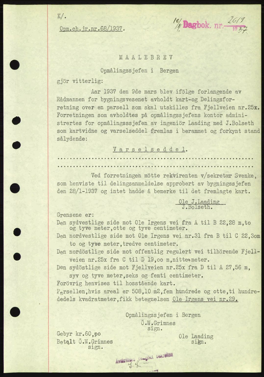 Byfogd og Byskriver i Bergen, SAB/A-3401/03/03Bc/L0004: Mortgage book no. A3-4, 1936-1937, Diary no: : 2619/1937