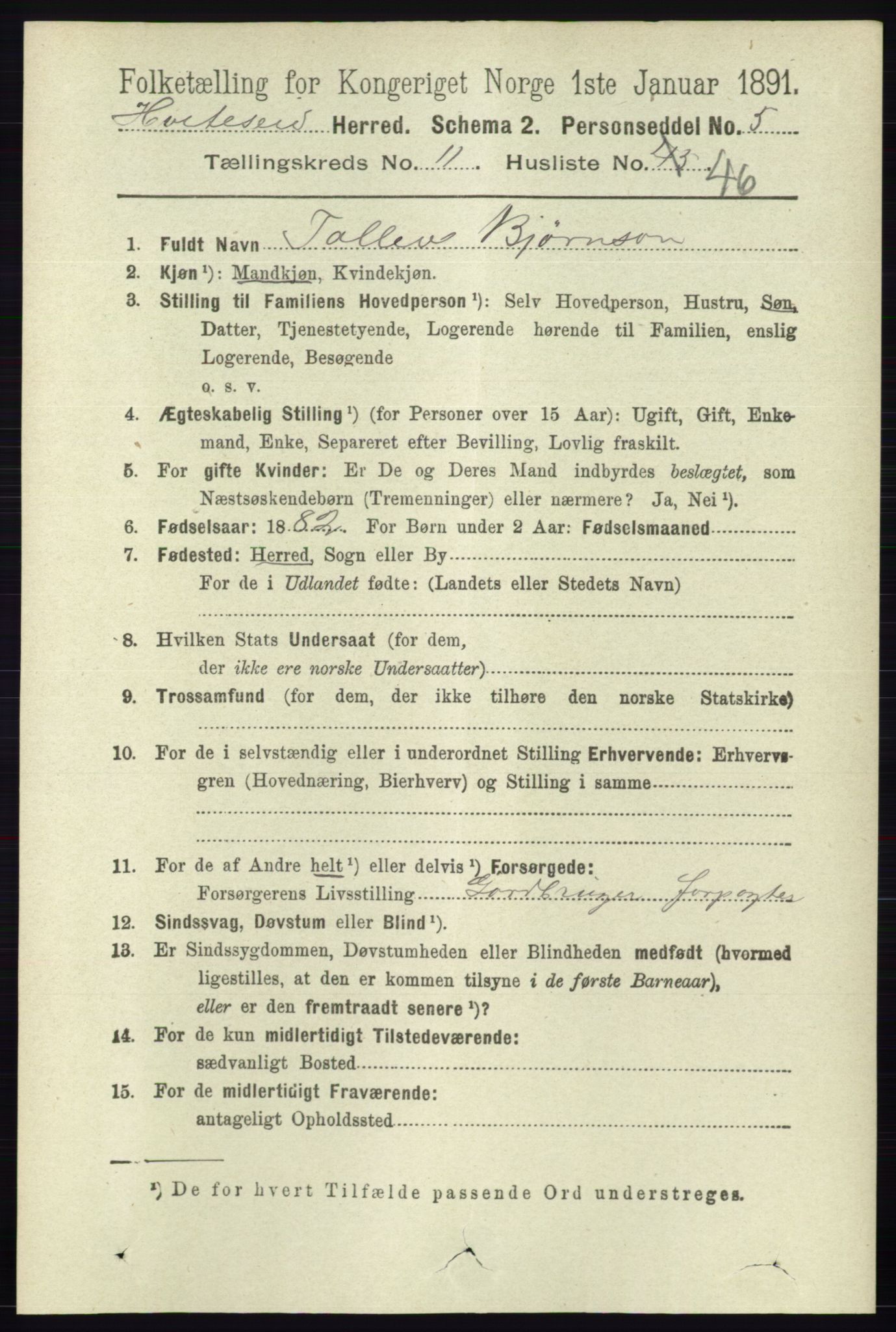 RA, 1891 census for 0829 Kviteseid, 1891, p. 2800