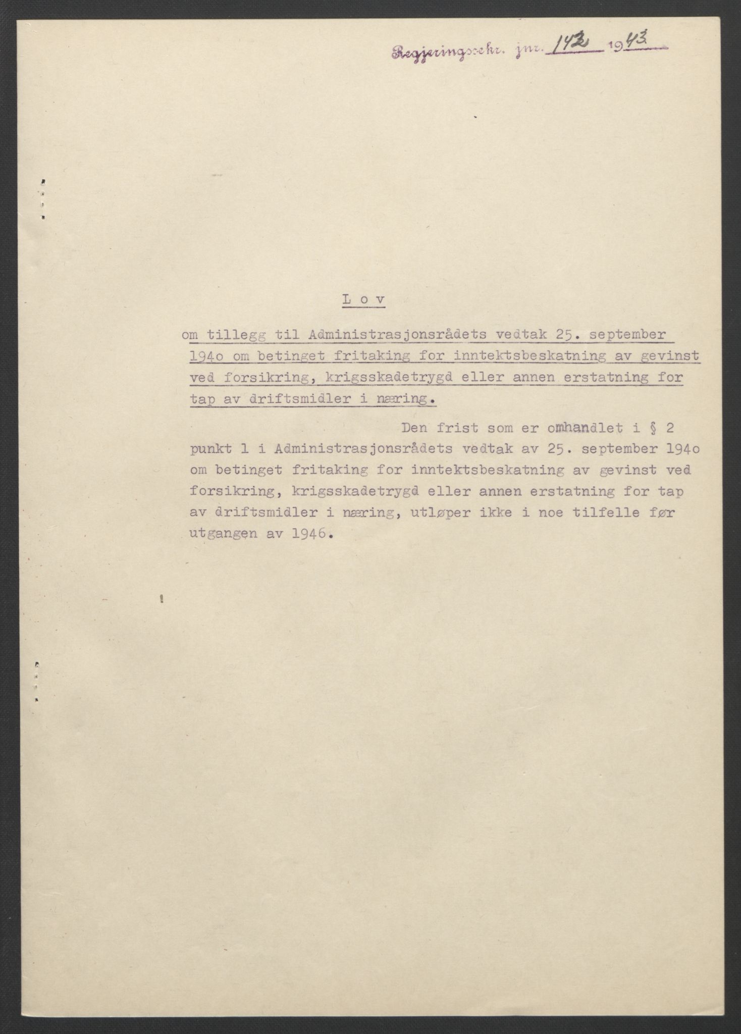 NS-administrasjonen 1940-1945 (Statsrådsekretariatet, de kommisariske statsråder mm), RA/S-4279/D/Db/L0099: Lover, 1943, p. 318