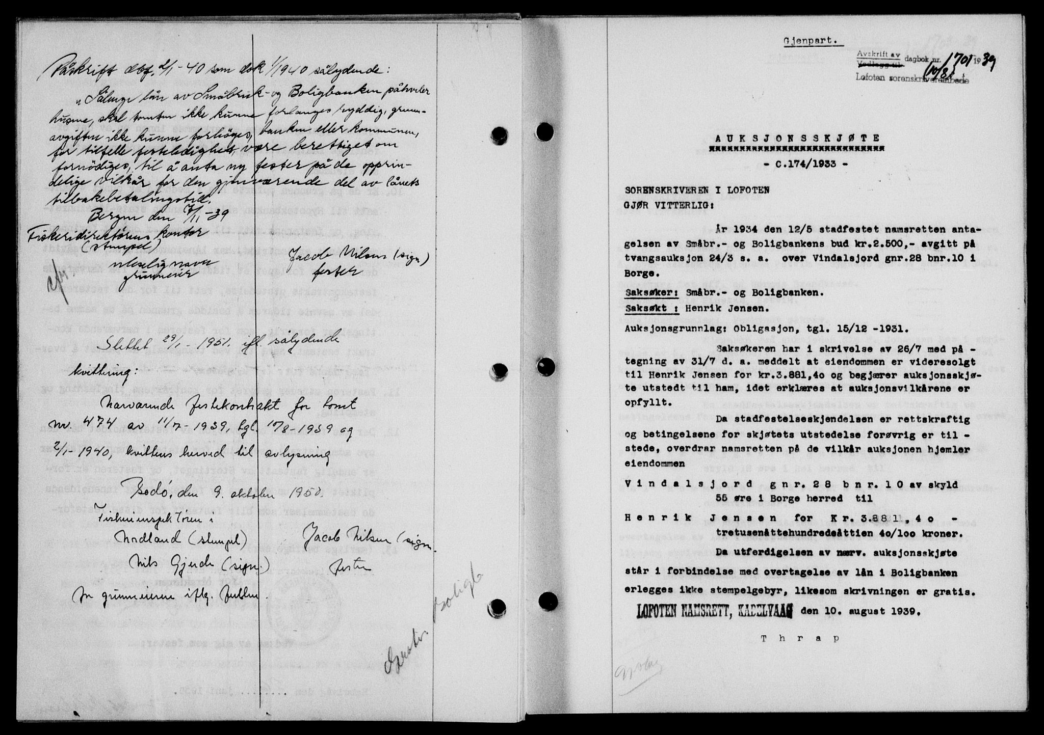 Lofoten sorenskriveri, SAT/A-0017/1/2/2C/L0006a: Mortgage book no. 6a, 1939-1939, Diary no: : 1701/1939