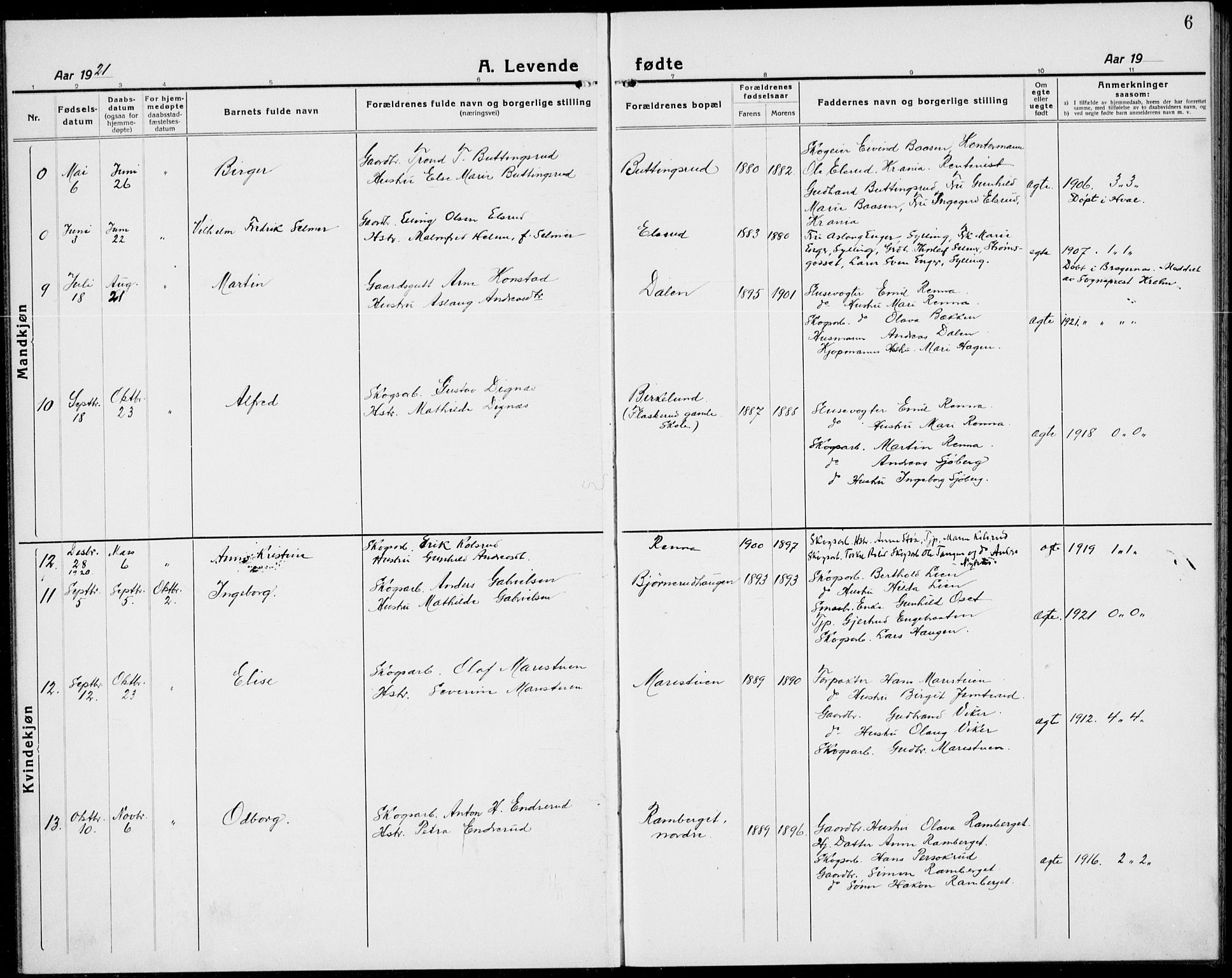 Ådal kirkebøker, AV/SAKO-A-248/G/Ga/L0005: Parish register (copy) no. I 5, 1921-1938, p. 6