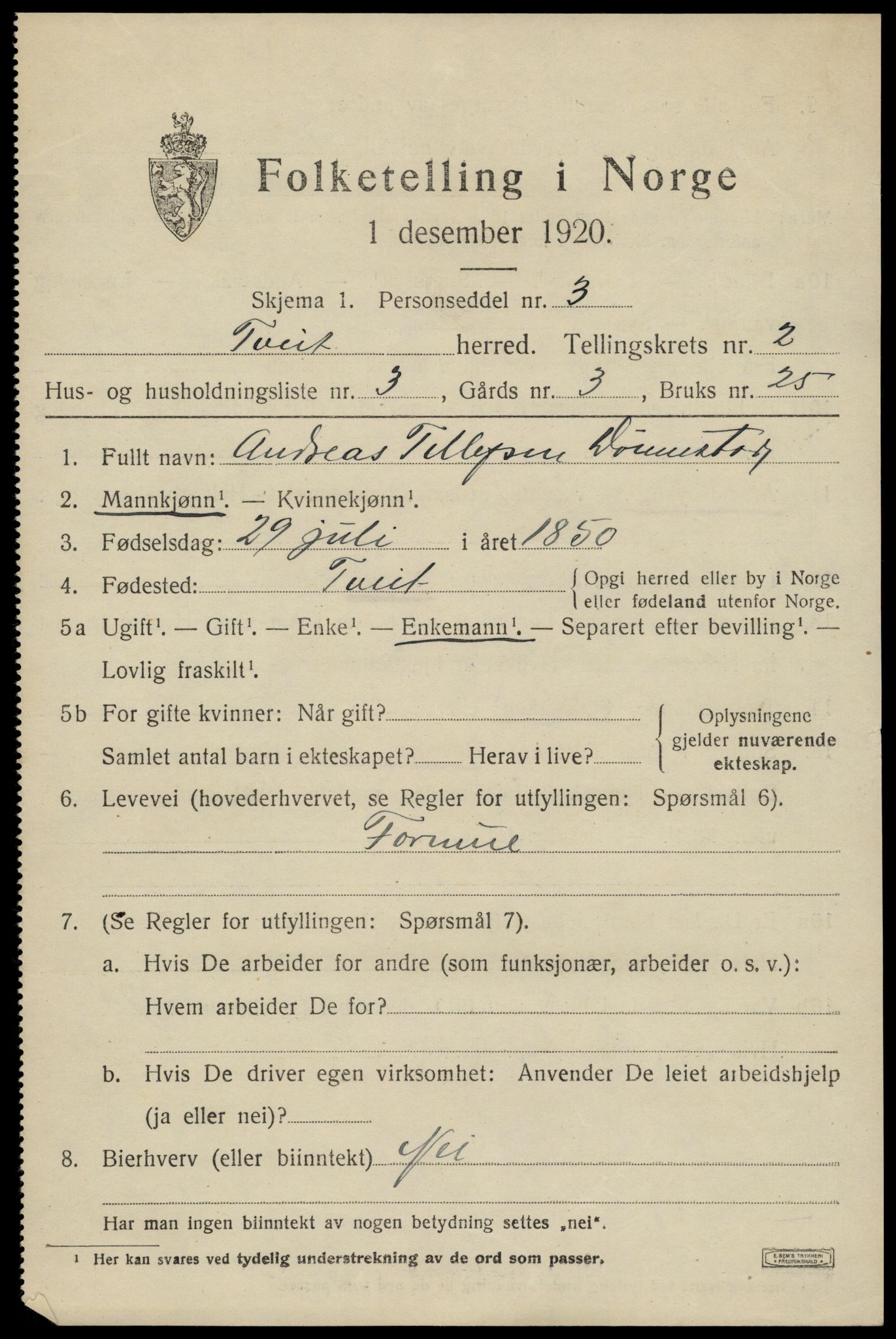 SAK, 1920 census for Tveit, 1920, p. 1246