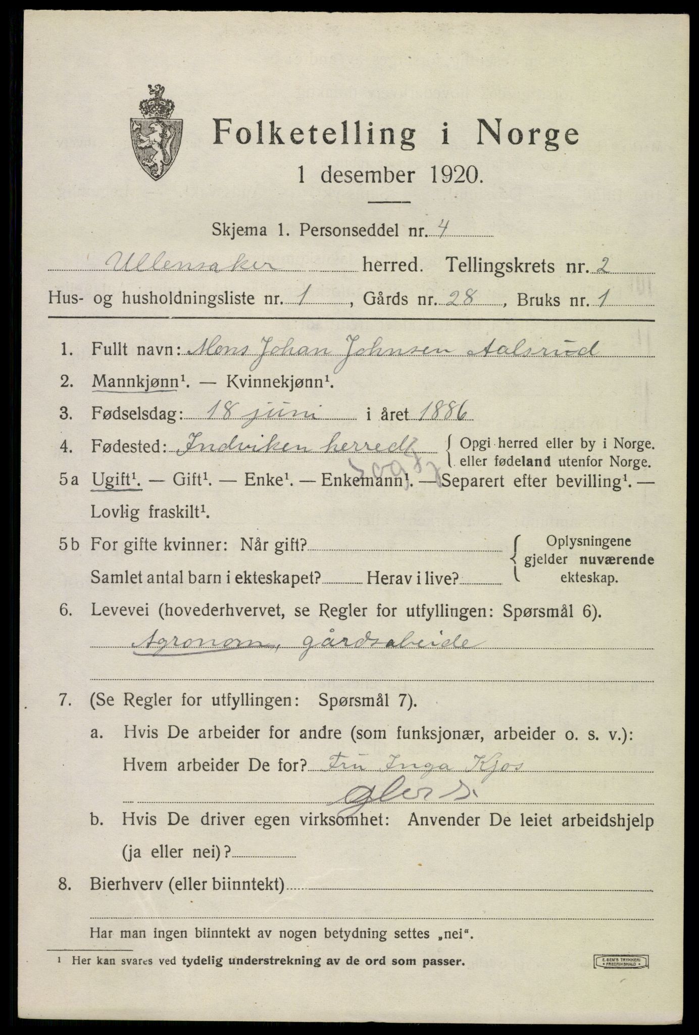 SAO, 1920 census for Ullensaker, 1920, p. 4671