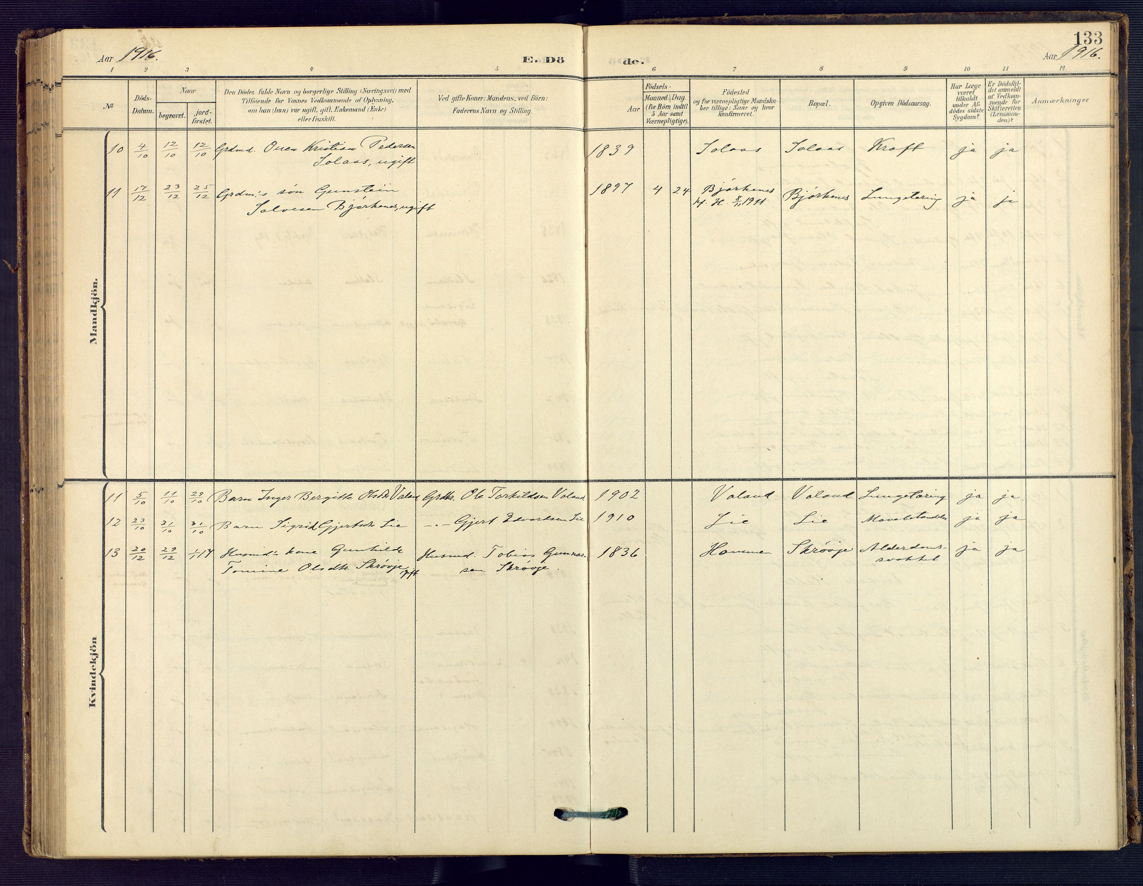 Holum sokneprestkontor, SAK/1111-0022/F/Fa/Faa/L0008: Parish register (official) no. A 8, 1908-1929, p. 133