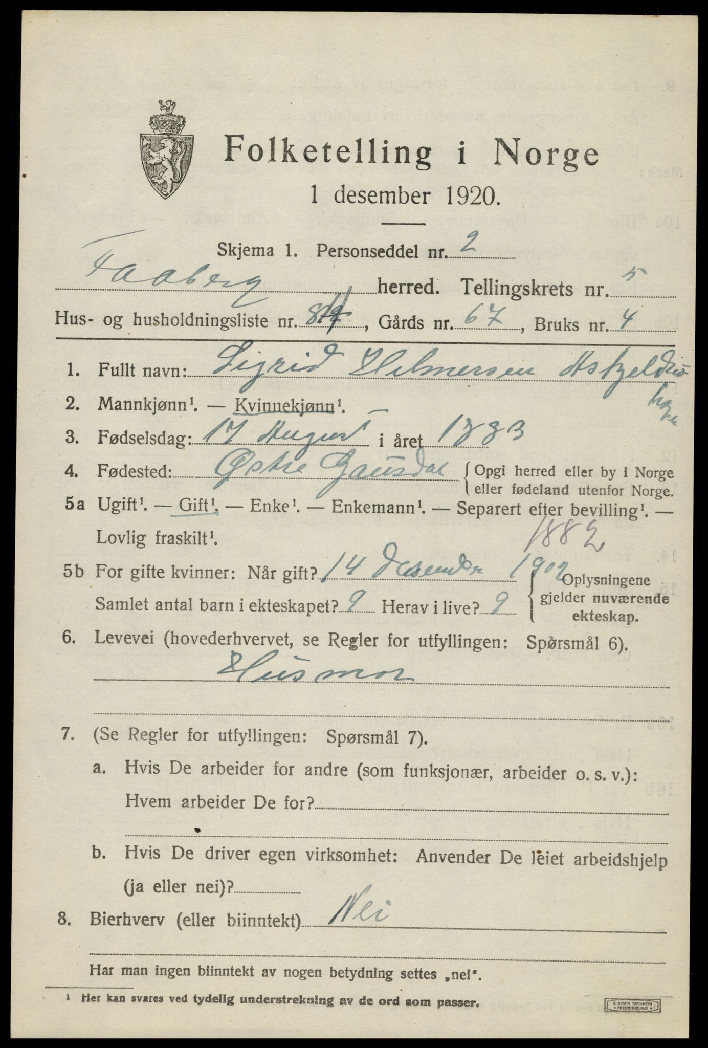 SAH, 1920 census for Fåberg, 1920, p. 7102