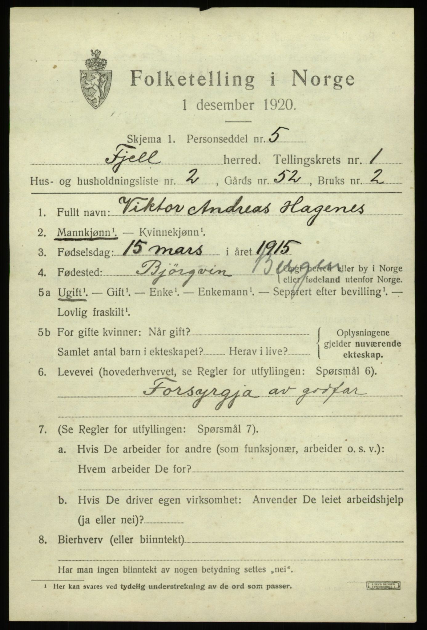 SAB, 1920 census for Fjell, 1920, p. 1480