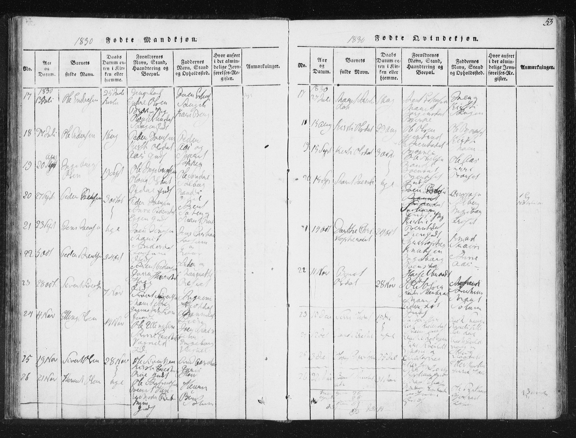 Ministerialprotokoller, klokkerbøker og fødselsregistre - Sør-Trøndelag, AV/SAT-A-1456/689/L1037: Parish register (official) no. 689A02, 1816-1842, p. 53