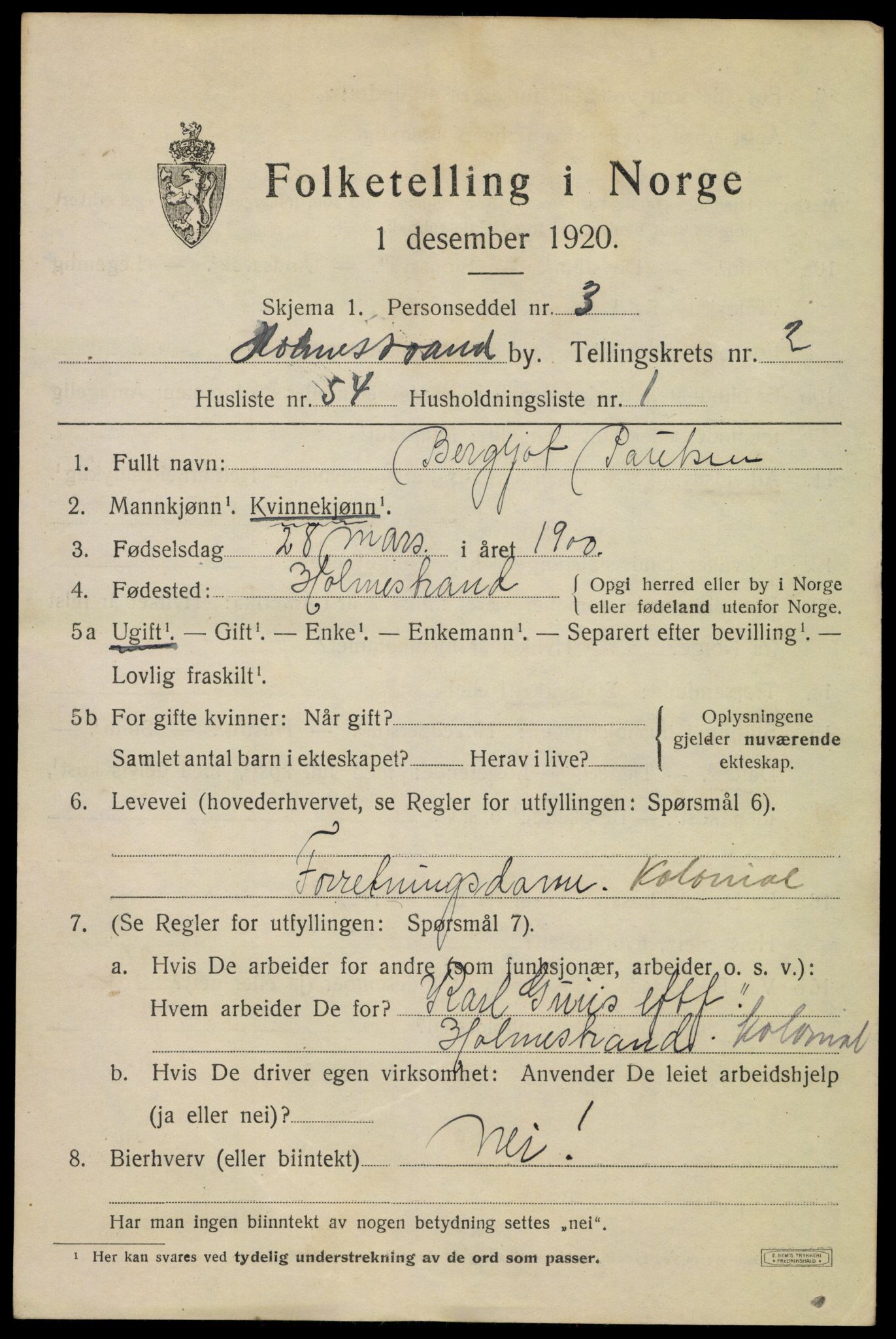 SAKO, 1920 census for Holmestrand, 1920, p. 2846