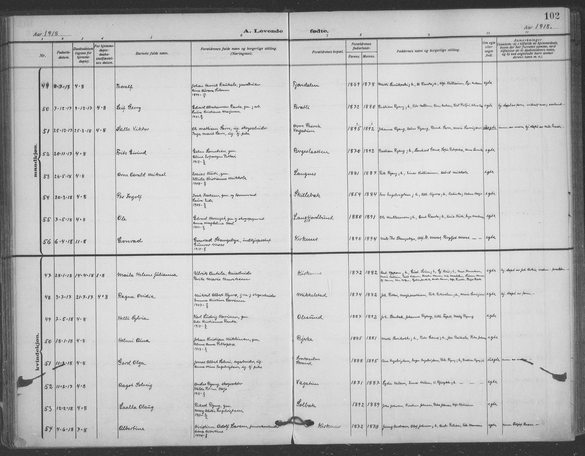 Sør-Varanger sokneprestkontor, AV/SATØ-S-1331/H/Ha/L0005kirke: Parish register (official) no. 5, 1909-1919, p. 102