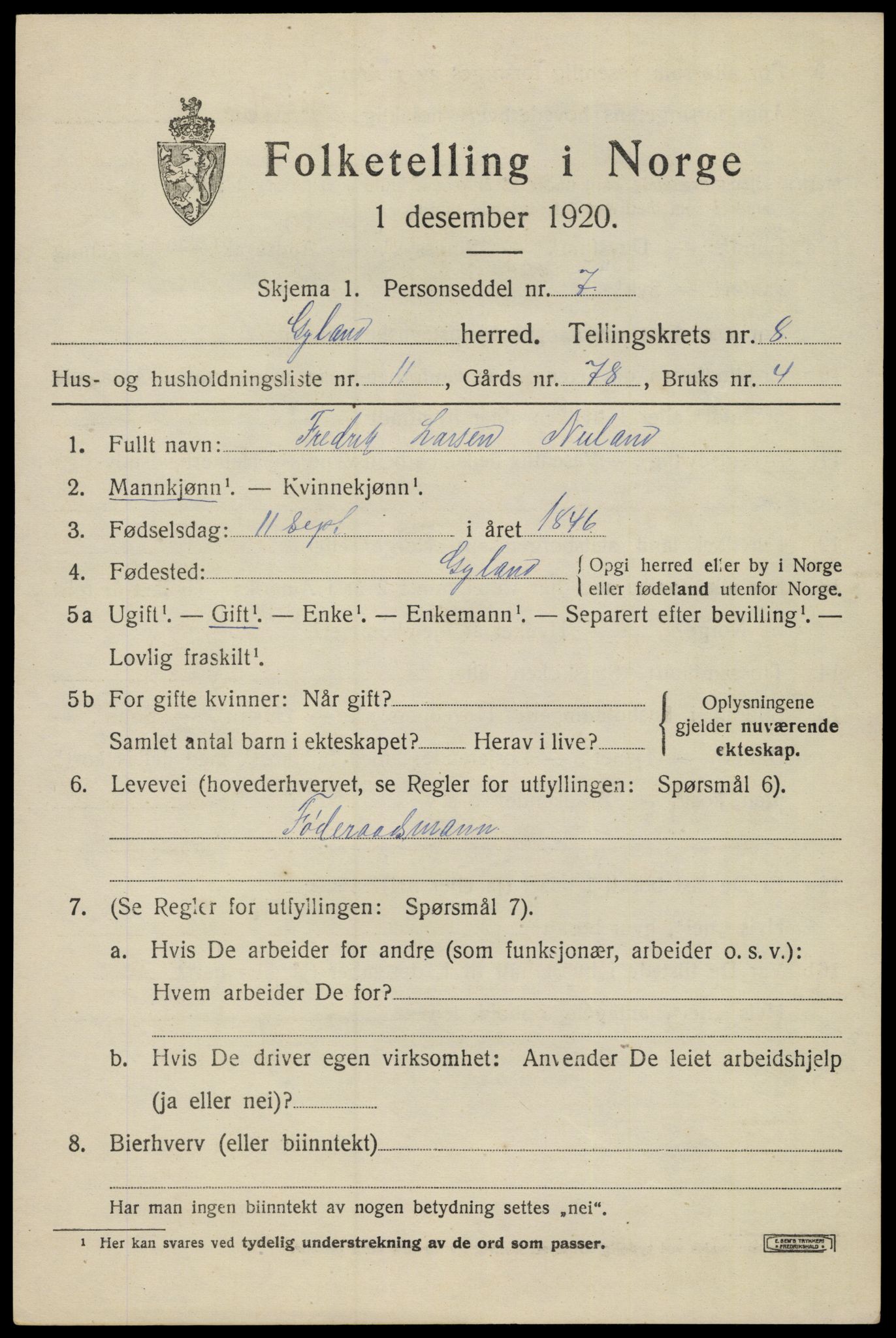 SAK, 1920 census for Gyland, 1920, p. 1792