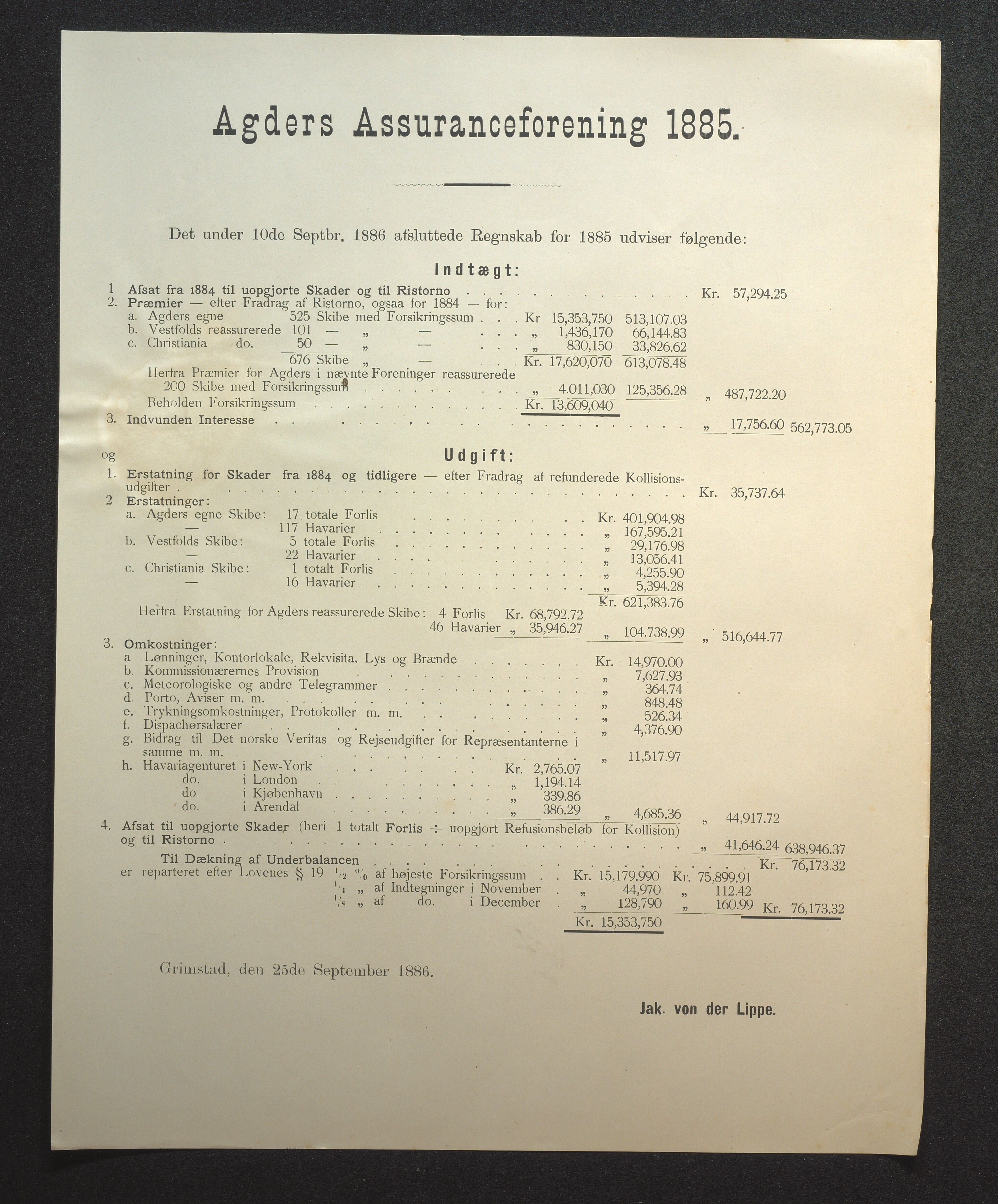 Agders Gjensidige Assuranceforening, AAKS/PA-1718/05/L0002: Regnskap, seilavdeling, pakkesak, 1881-1889