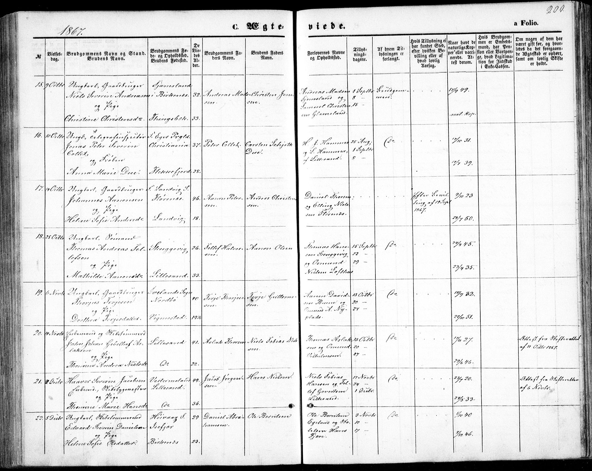 Vestre Moland sokneprestkontor, AV/SAK-1111-0046/F/Fb/Fbb/L0004: Parish register (copy) no. B 4, 1861-1872, p. 200