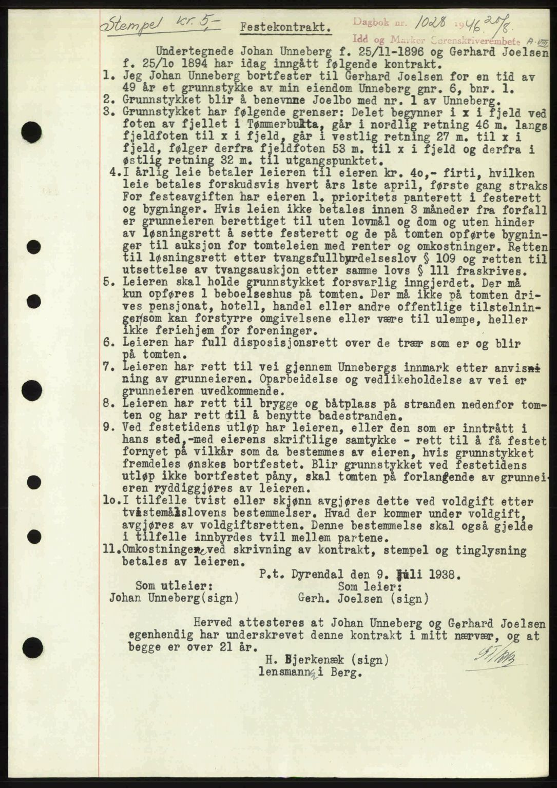 Idd og Marker sorenskriveri, AV/SAO-A-10283/G/Gb/Gbb/L0008: Mortgage book no. A8, 1946-1946, Diary no: : 1028/1946