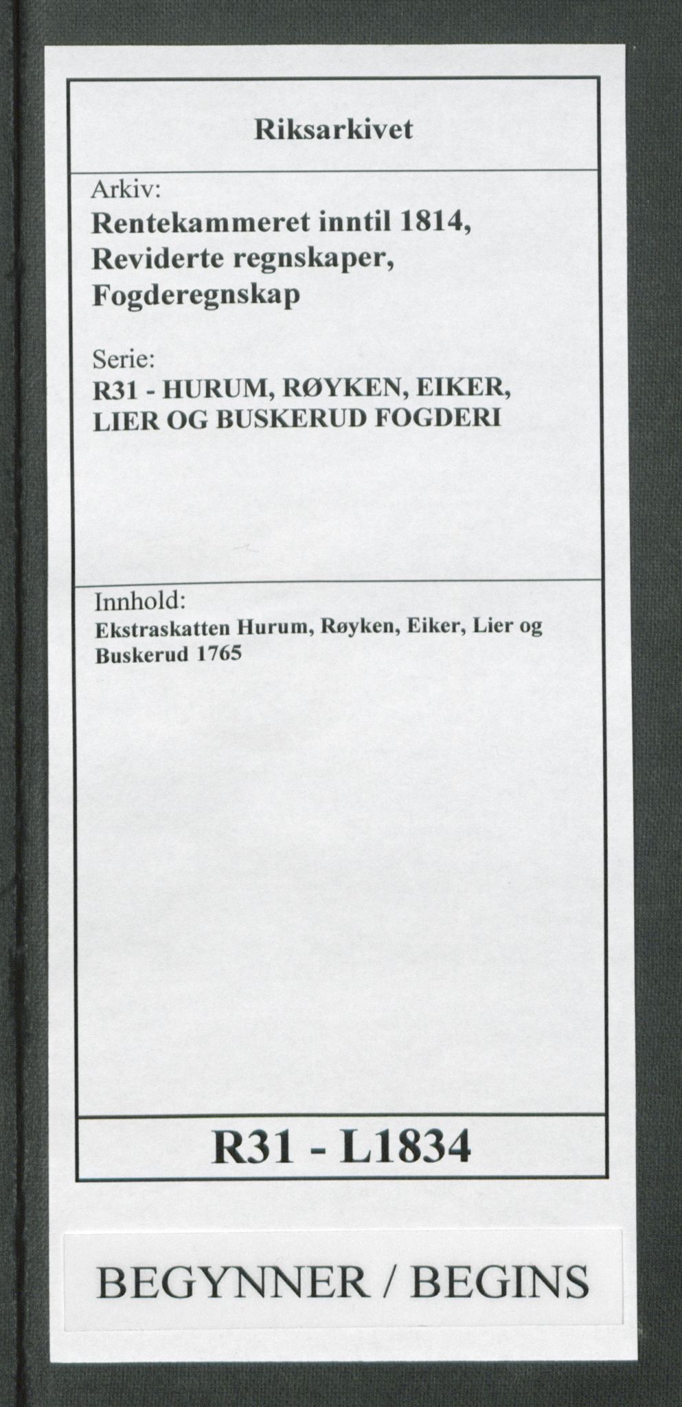 Rentekammeret inntil 1814, Reviderte regnskaper, Fogderegnskap, RA/EA-4092/R31/L1834: Ekstraskatten Hurum, Røyken, Eiker, Lier og Buskerud, 1765, p. 1