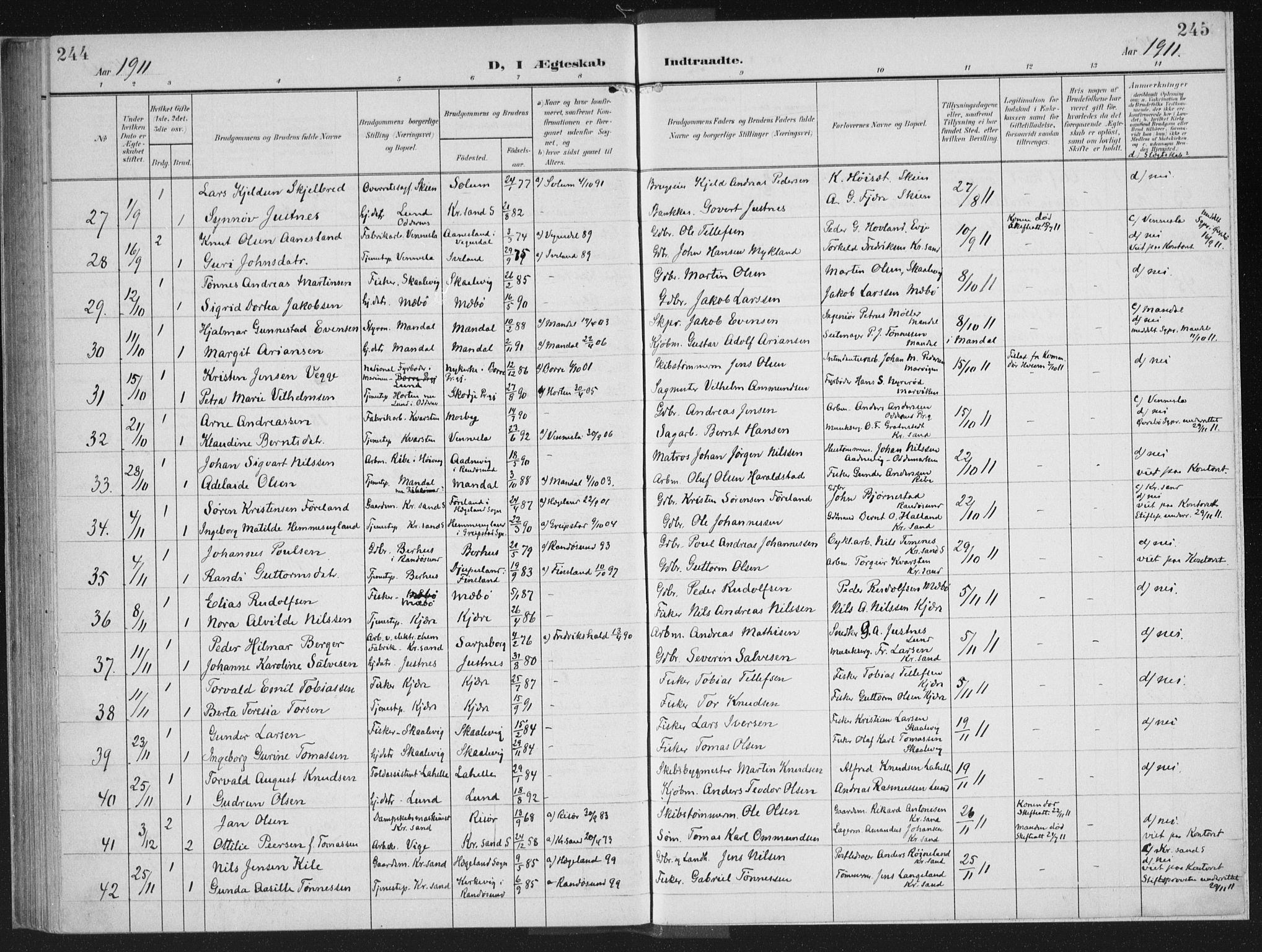 Oddernes sokneprestkontor, AV/SAK-1111-0033/F/Fa/Faa/L0011: Parish register (official) no. A 11, 1904-1911, p. 244-245