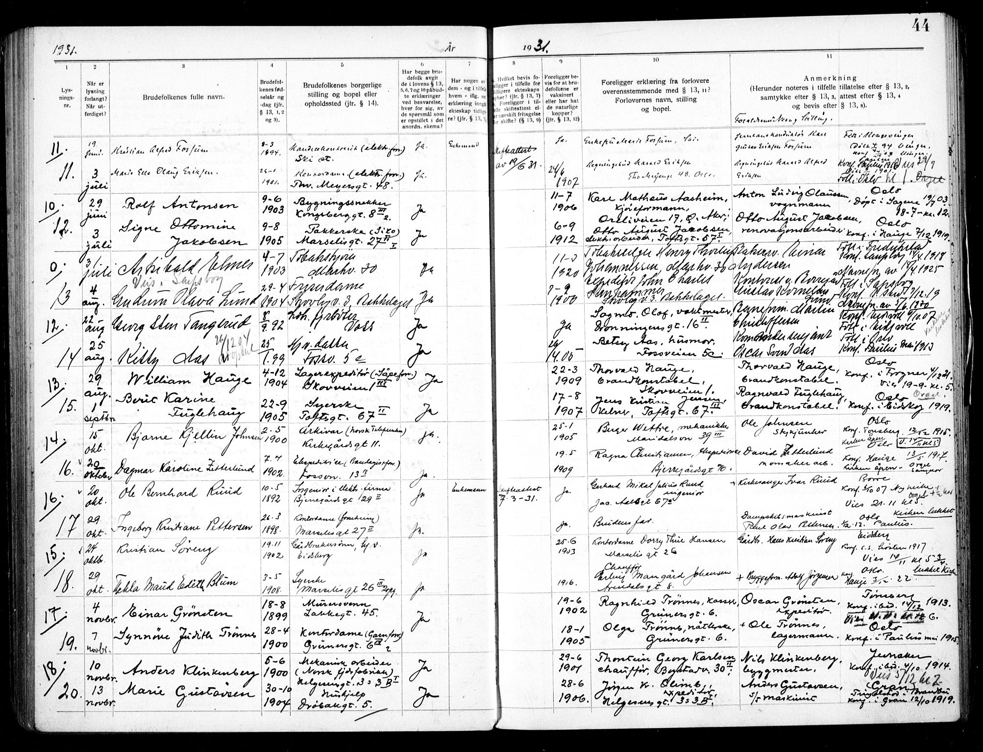 Hauge prestekontor Kirkebøker, SAO/A-10849/H/Ha/L0002: Banns register no. 2, 1919-1937, p. 44
