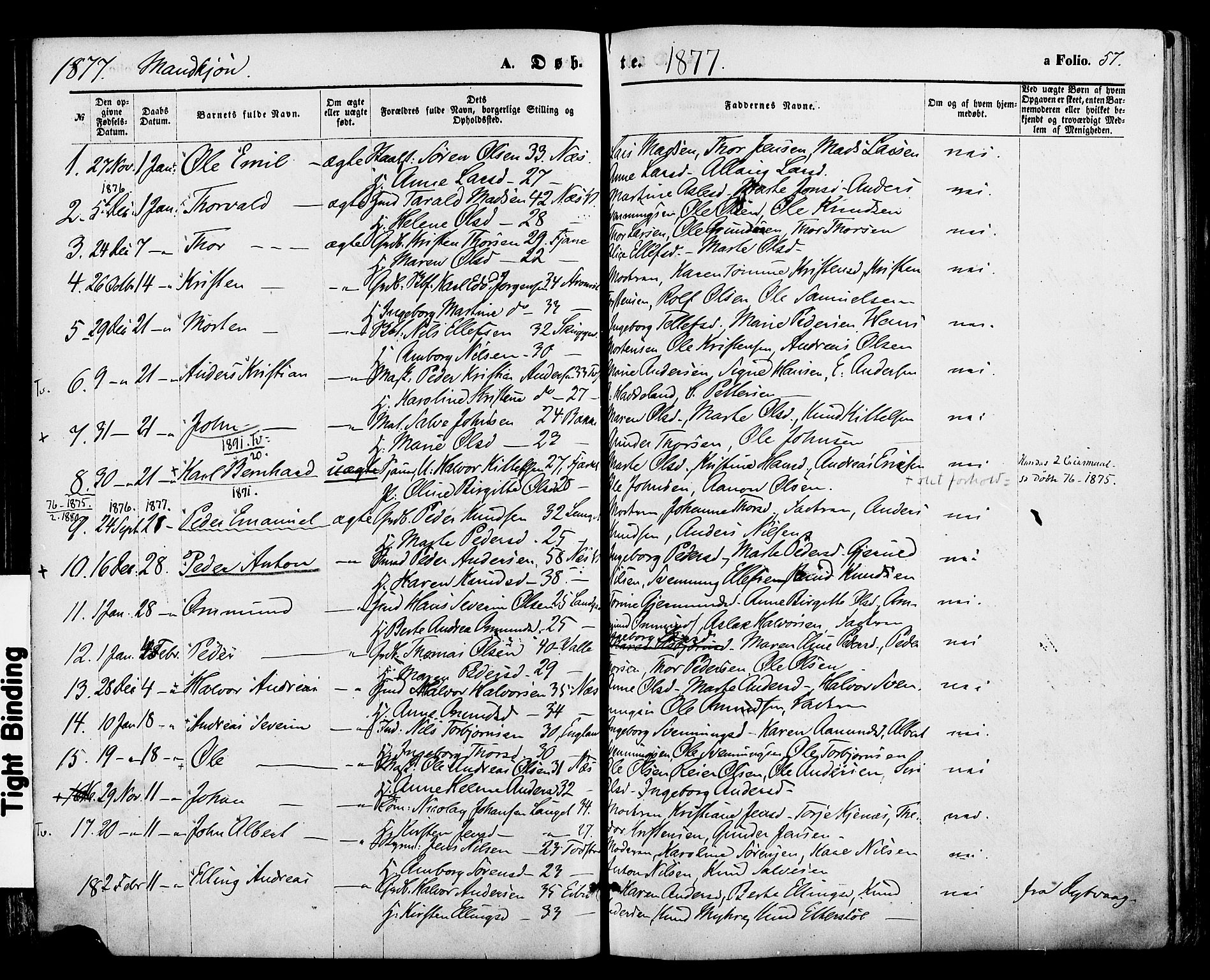 Holt sokneprestkontor, AV/SAK-1111-0021/F/Fa/L0010: Parish register (official) no. A 10, 1872-1885, p. 57