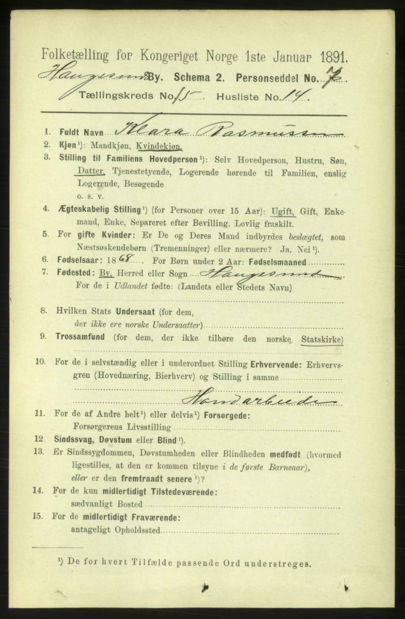 RA, 1891 census for 1106 Haugesund, 1891, p. 5048