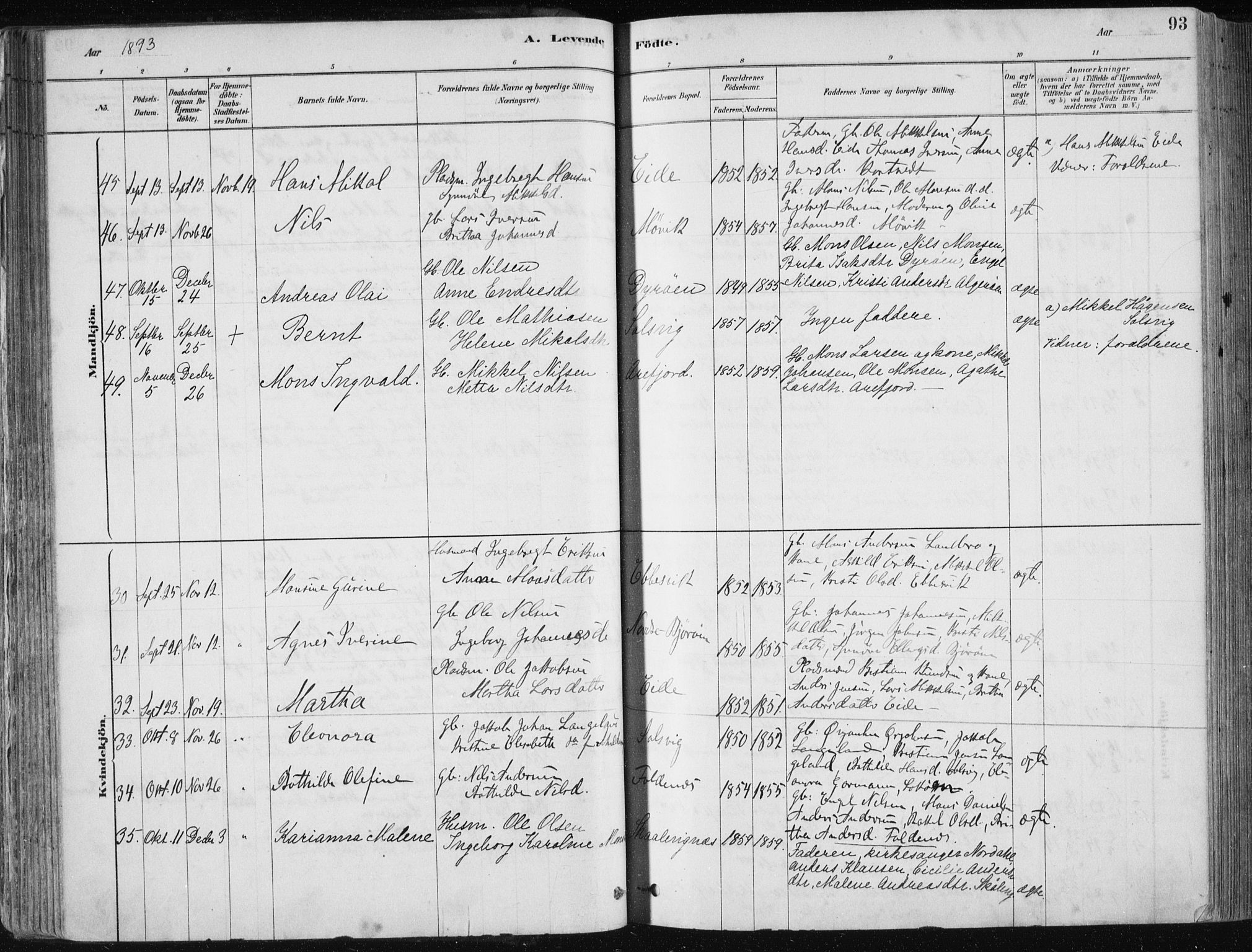 Fjell sokneprestembete, SAB/A-75301/H/Haa: Parish register (official) no. A  8, 1878-1898, p. 93