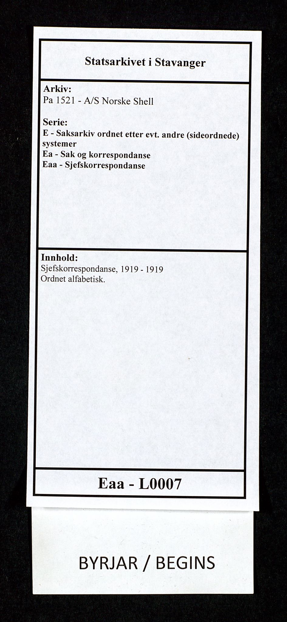 Pa 1521 - A/S Norske Shell, SAST/A-101915/E/Ea/Eaa/L0007: Sjefskorrespondanse, 1919, p. 1
