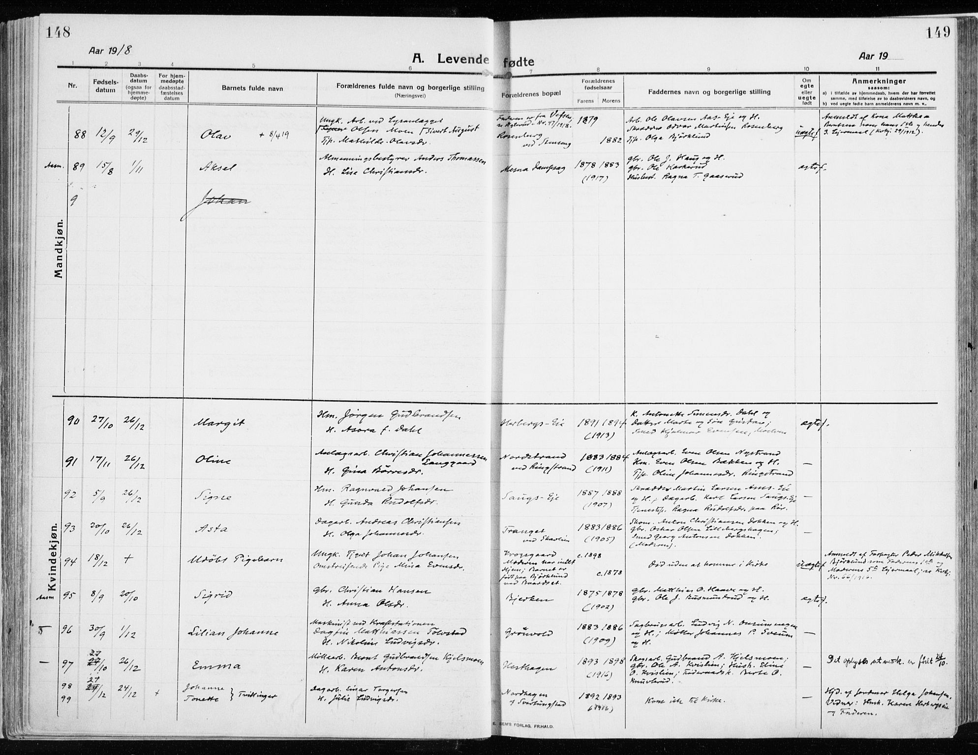 Ringsaker prestekontor, AV/SAH-PREST-014/K/Ka/L0020: Parish register (official) no. 20, 1913-1922, p. 148-149