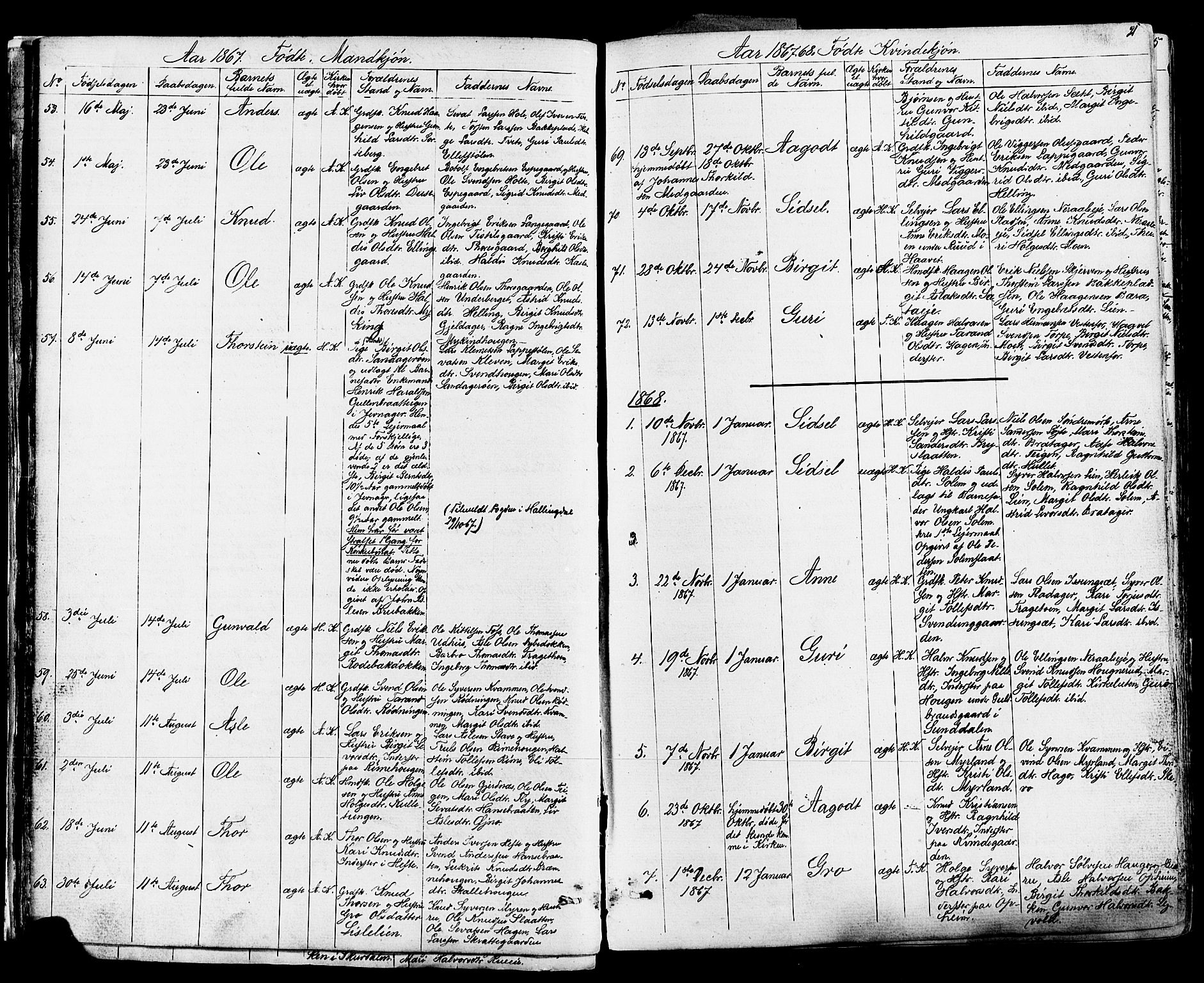 Ål kirkebøker, AV/SAKO-A-249/F/Fa/L0007: Parish register (official) no. I 7, 1865-1881, p. 21