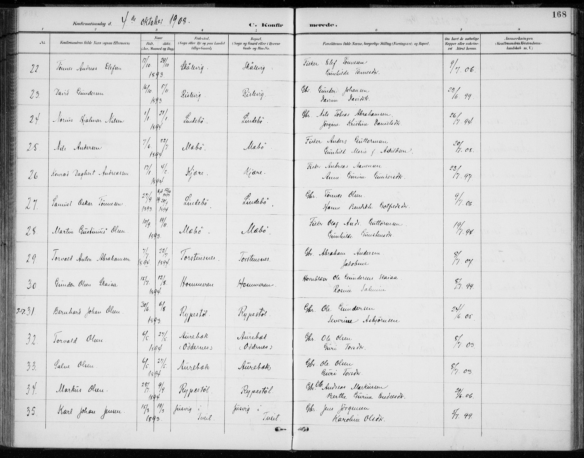 Oddernes sokneprestkontor, AV/SAK-1111-0033/F/Fa/Faa/L0010: Parish register (official) no. A 10, 1897-1911, p. 168