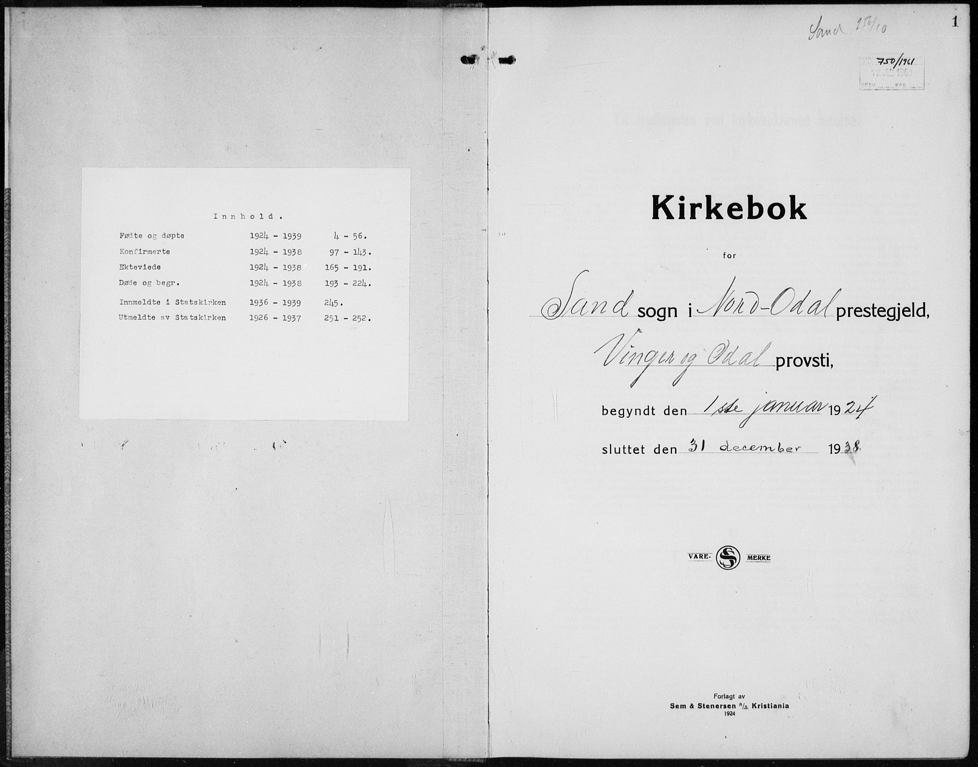Nord-Odal prestekontor, SAH/PREST-032/H/Ha/Hab/L0005: Parish register (copy) no. 5, 1924-1938, p. 1