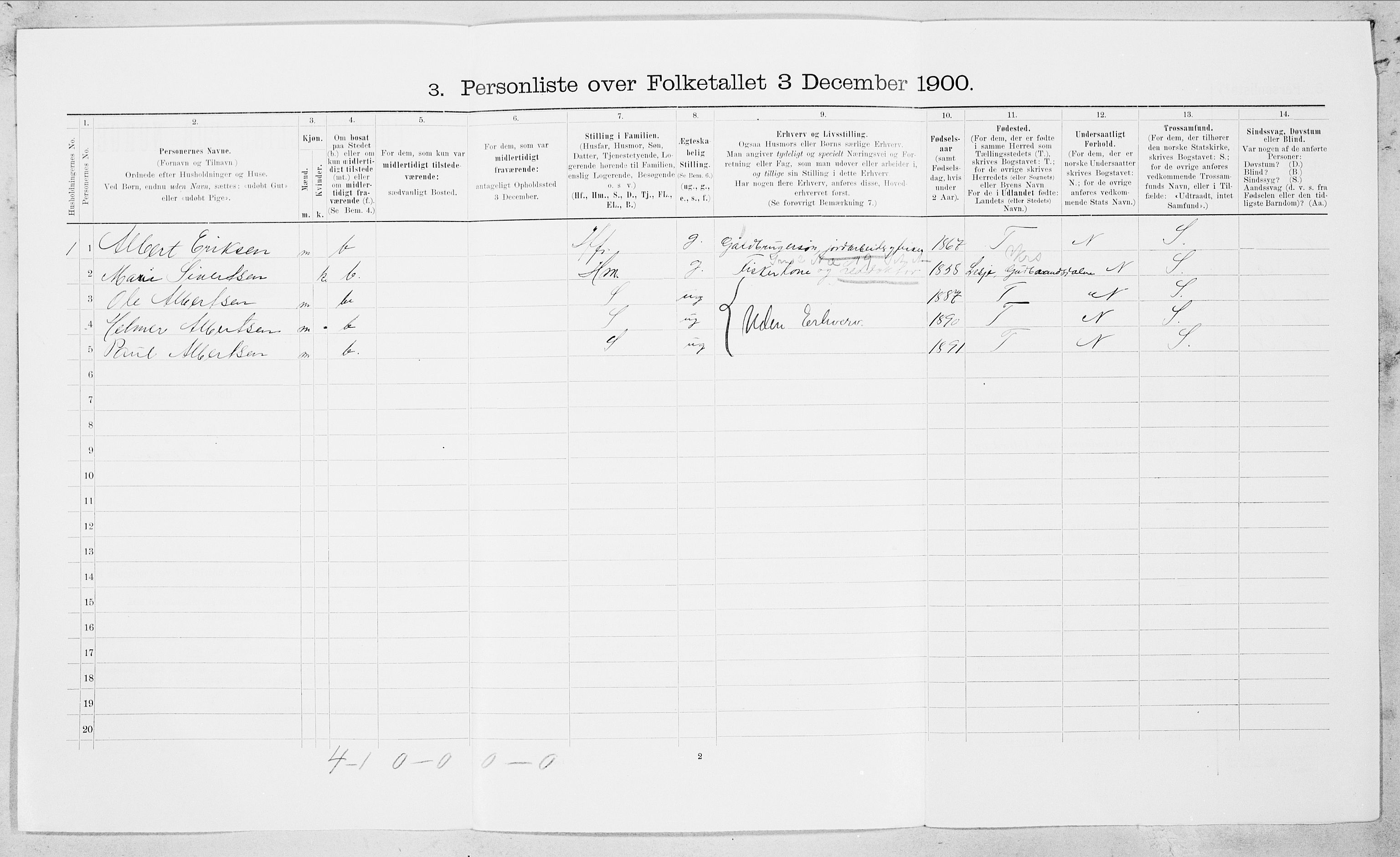 SAT, 1900 census for Bodin, 1900, p. 1025