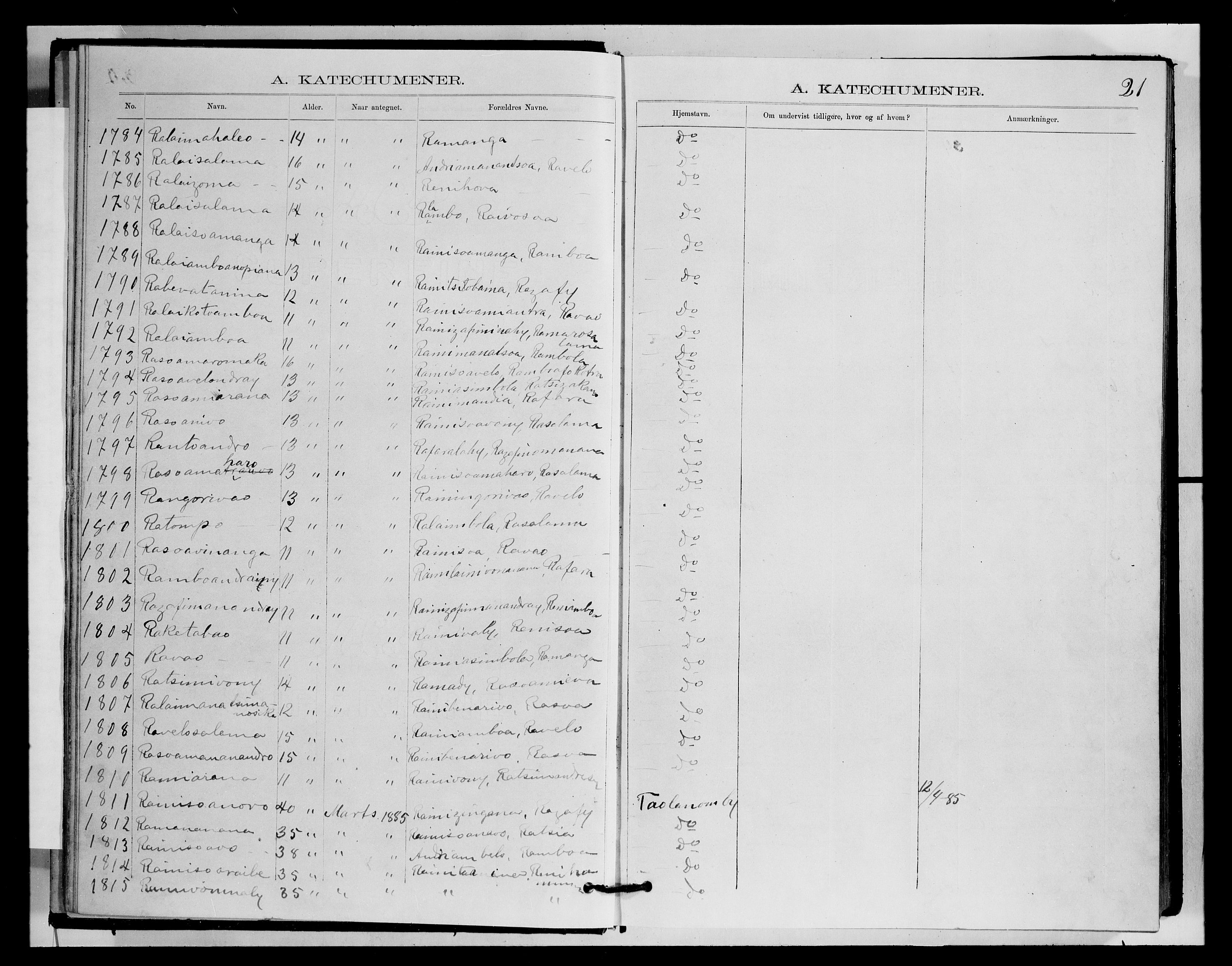 Archives FLM/NMS, Madagaskar, VID/MA-A-1163/D/Db/L0270: Parish register (official) no. 2, 1883-1886, p. 21