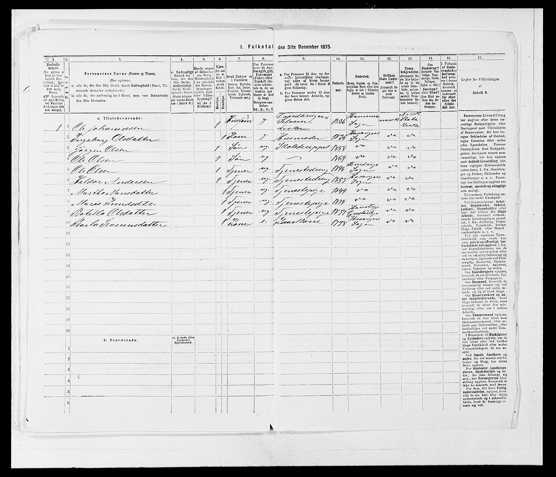 SAB, 1875 census for 1253P Hosanger, 1875, p. 150