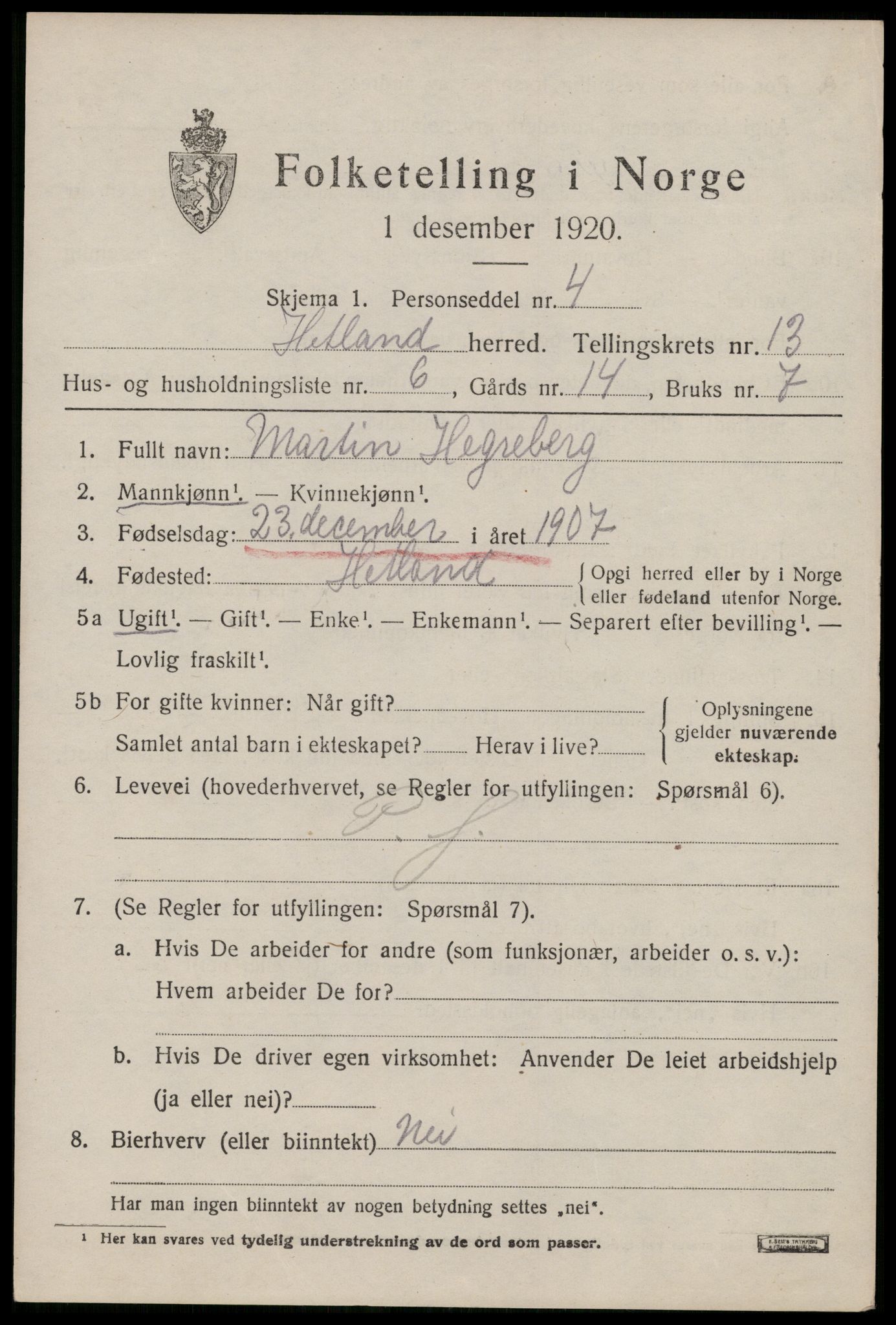 SAST, 1920 census for Hetland, 1920, p. 21703