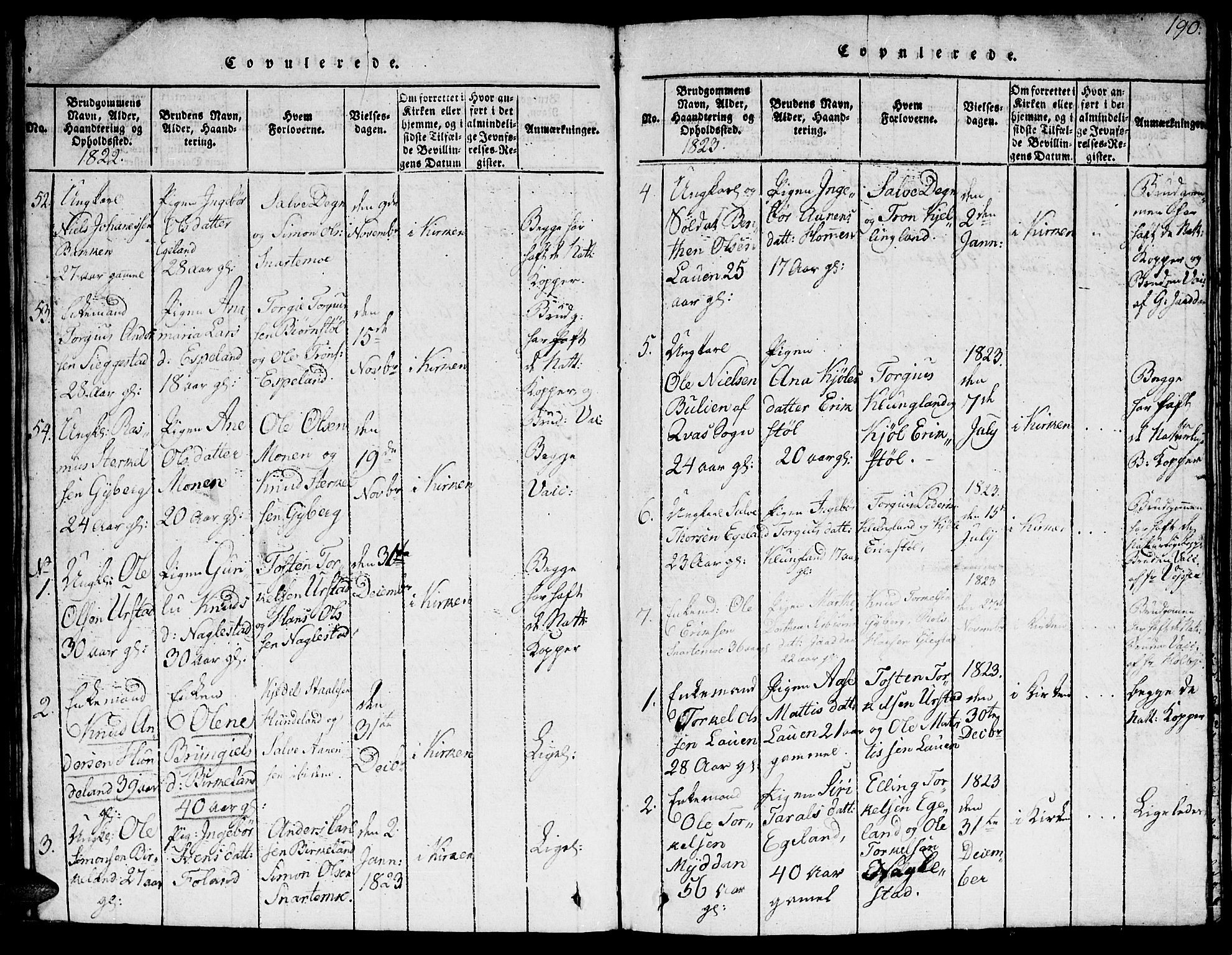 Hægebostad sokneprestkontor, AV/SAK-1111-0024/F/Fb/Fba/L0001: Parish register (copy) no. B 1, 1815-1844, p. 190