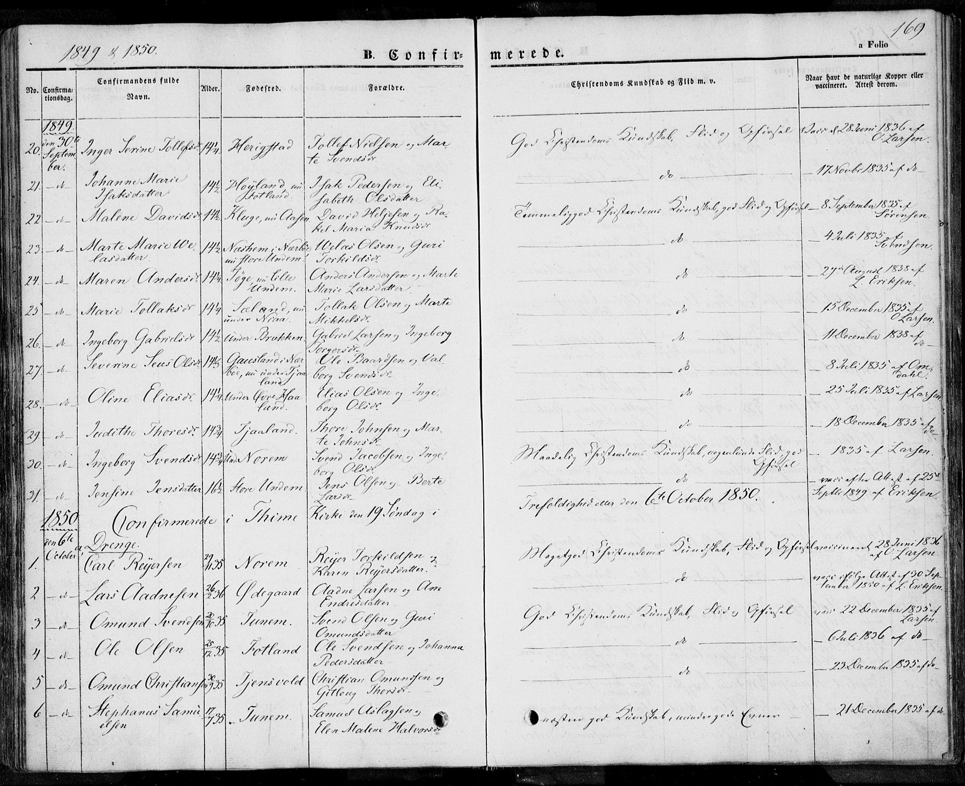 Lye sokneprestkontor, AV/SAST-A-101794/001/30BA/L0005: Parish register (official) no. A 5.1, 1842-1855, p. 169