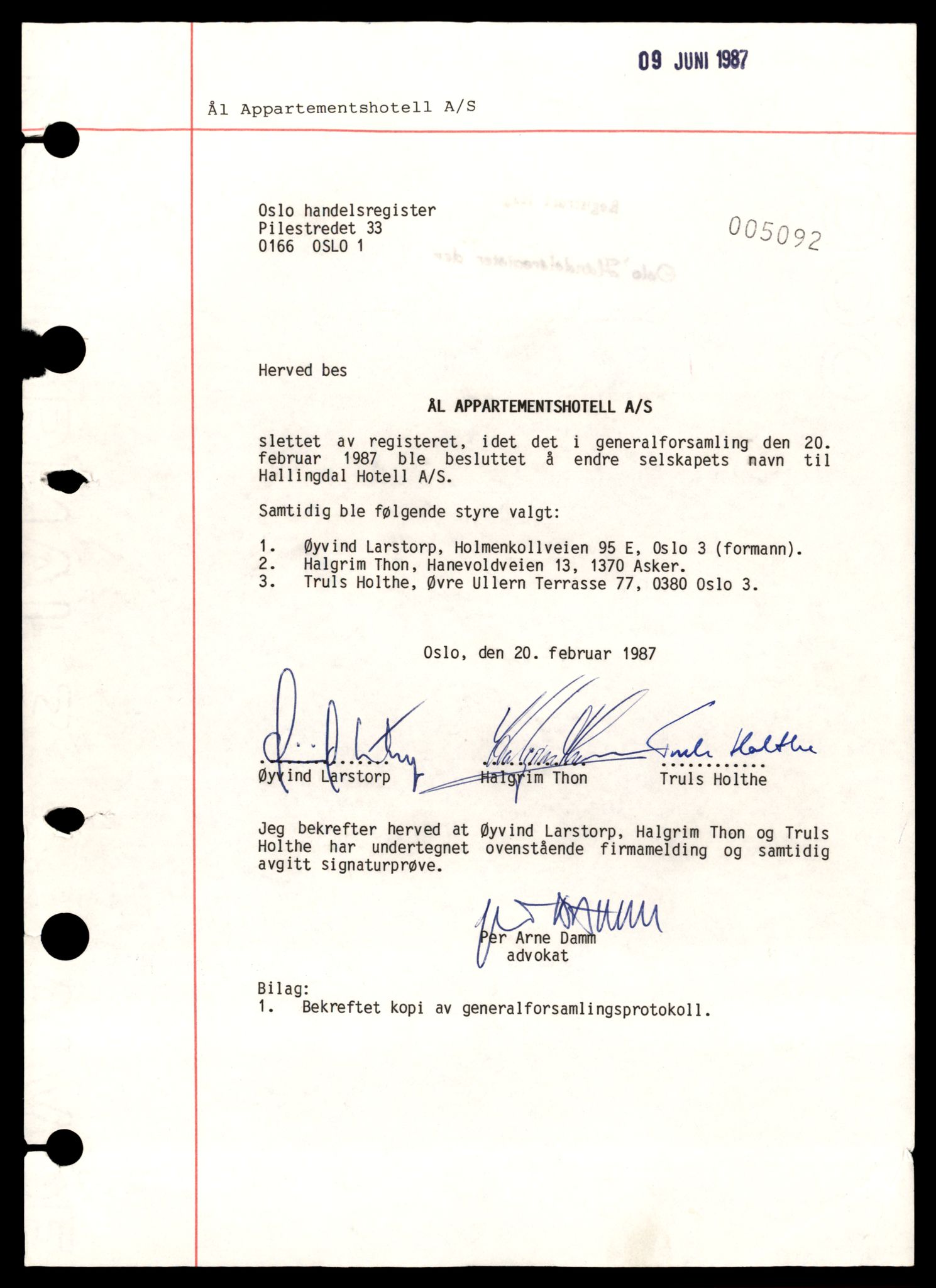 Oslo byfogd, Handelsregisteret, SAT/A-10867/G/Gb/Gbb/L0093: Registreringsmeldinger, A-Be, 1987, p. 1