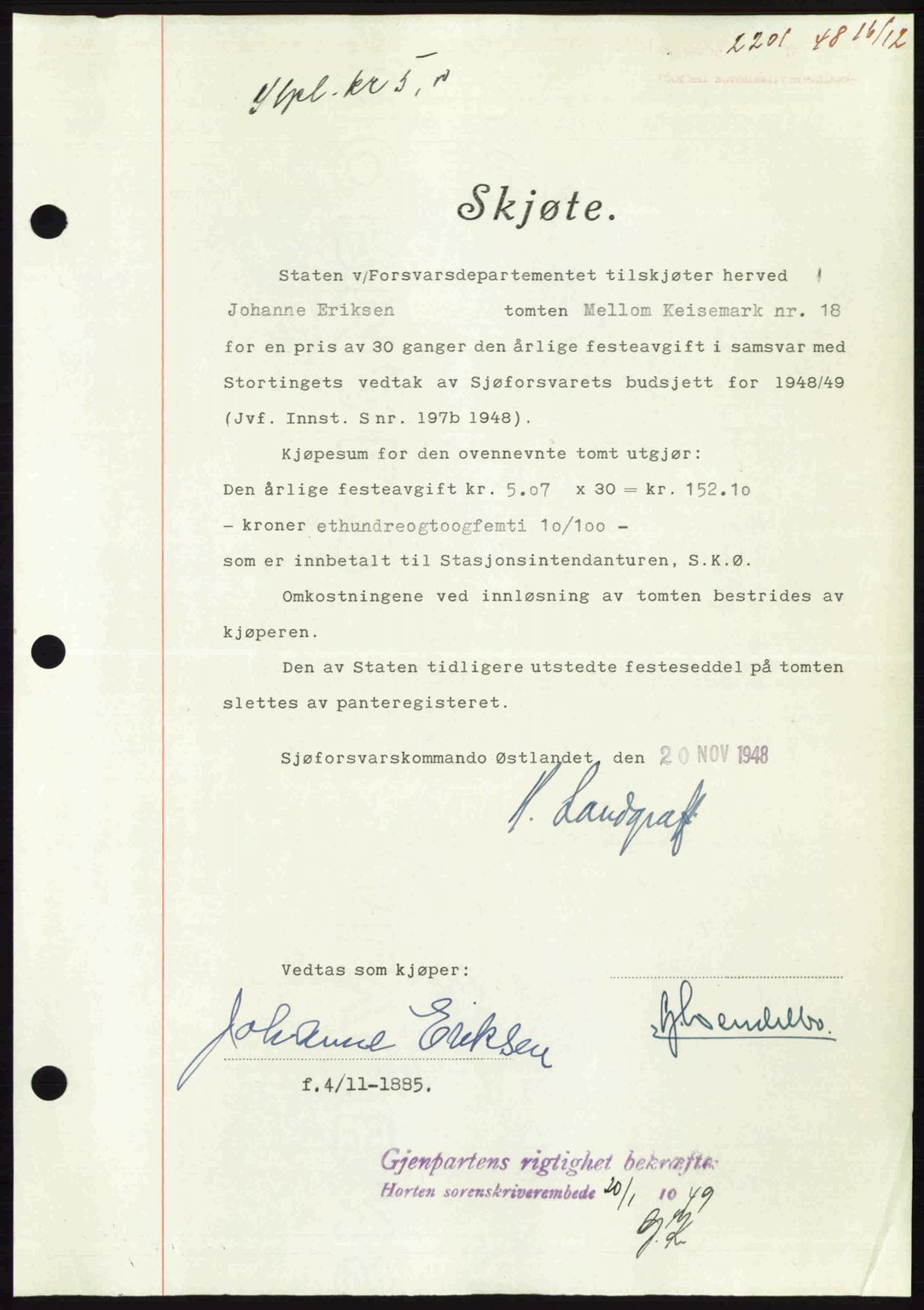 Horten sorenskriveri, AV/SAKO-A-133/G/Ga/Gaa/L0011: Mortgage book no. A-11, 1948-1948, Diary no: : 2201/1948