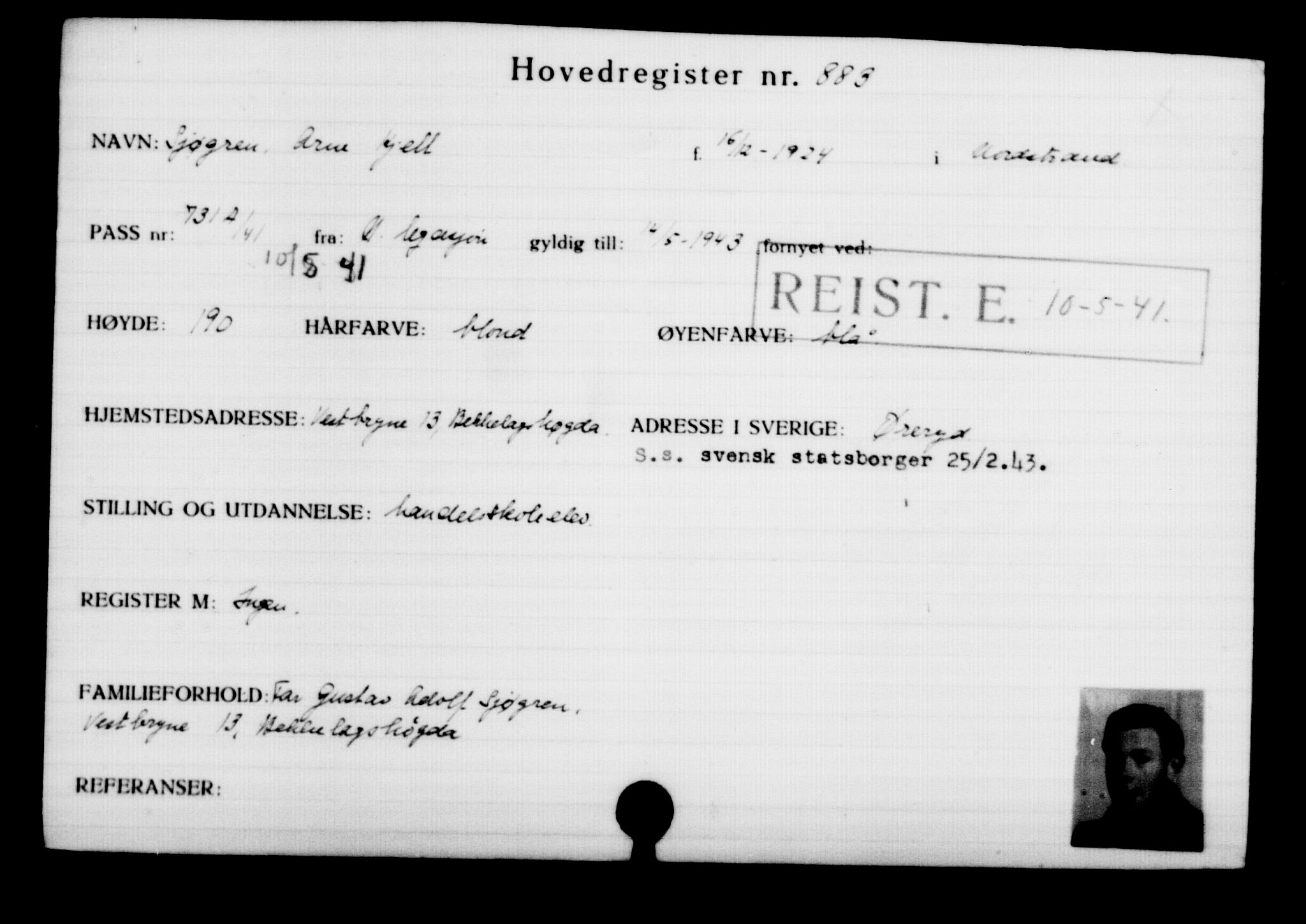 Utenriksstasjonene, Legasjonen i Stockholm, Flyktningkontoret, AV/RA-S-6753/V/Va/L0001: Kjesäterkartoteket, flyktninger med registreringsnr. 1-1000, 1940-1945, p. 1400