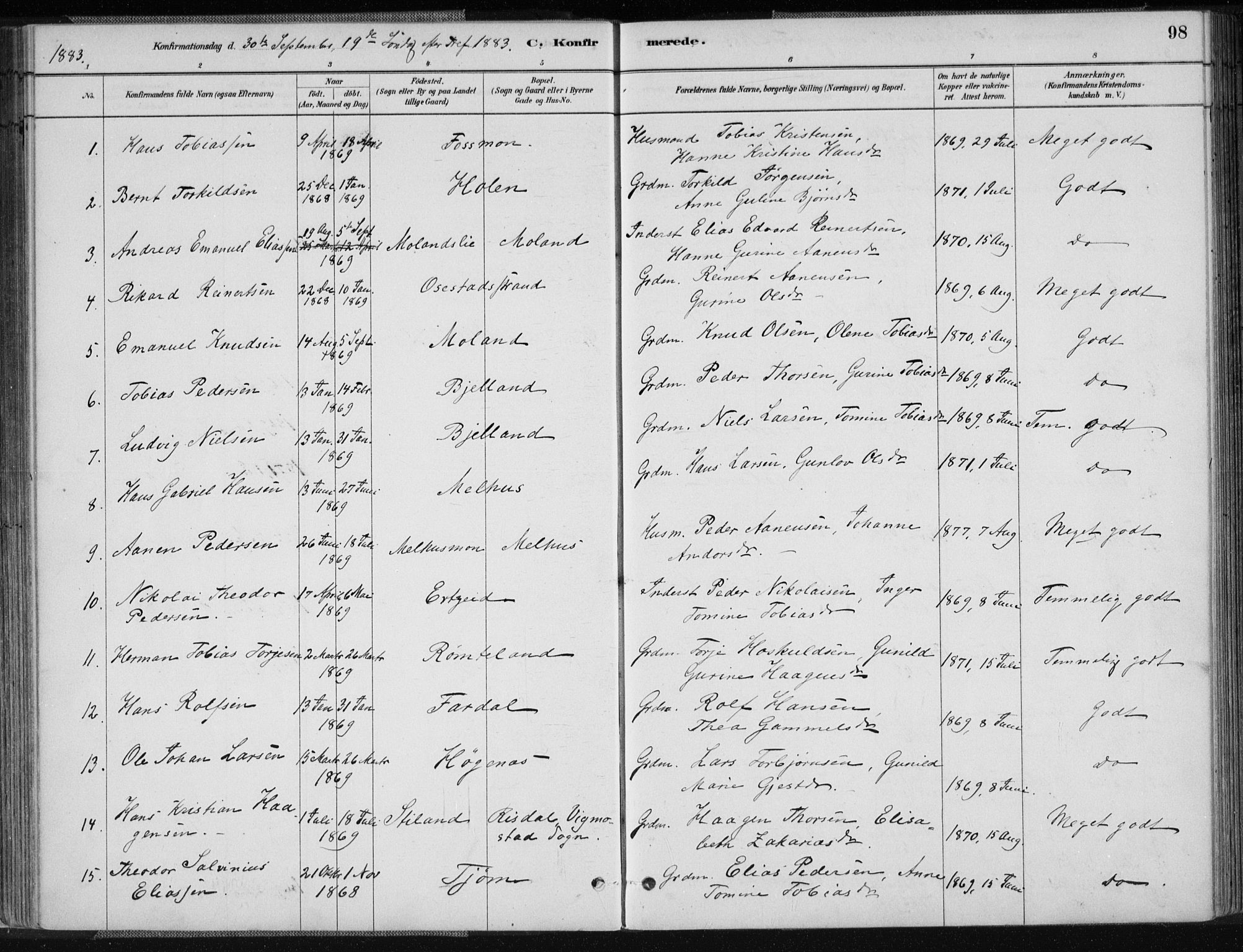 Sør-Audnedal sokneprestkontor, AV/SAK-1111-0039/F/Fa/Fab/L0009: Parish register (official) no. A 9, 1880-1895, p. 98