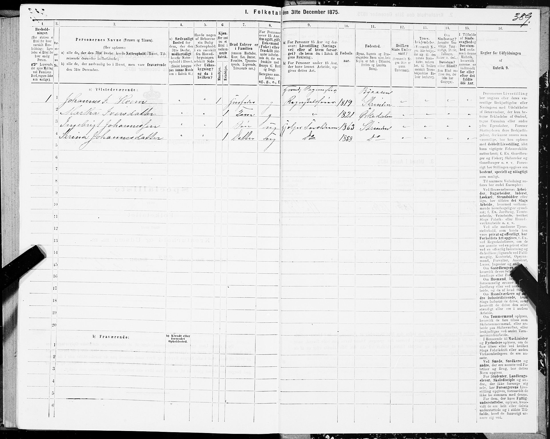 SAT, 1875 census for 1660P Strinda, 1875, p. 3389