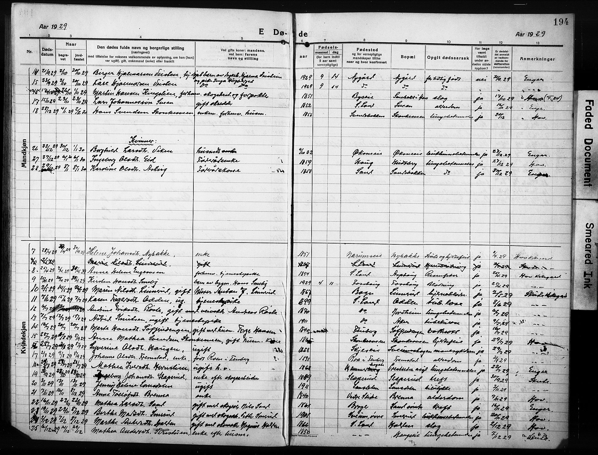 Søndre Land prestekontor, SAH/PREST-122/L/L0007: Parish register (copy) no. 7, 1915-1932, p. 194