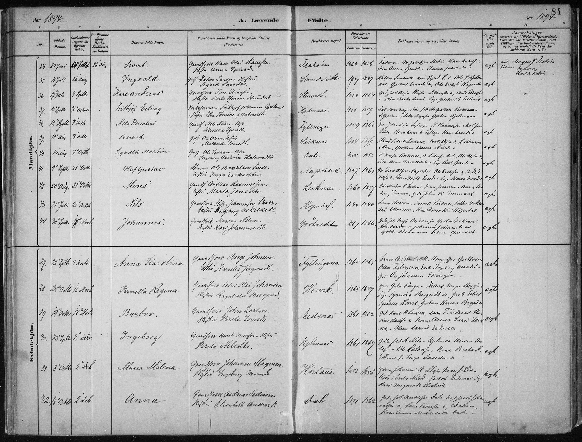 Hamre sokneprestembete, AV/SAB-A-75501/H/Ha/Haa/Haab/L0001: Parish register (official) no. B  1, 1882-1905, p. 84