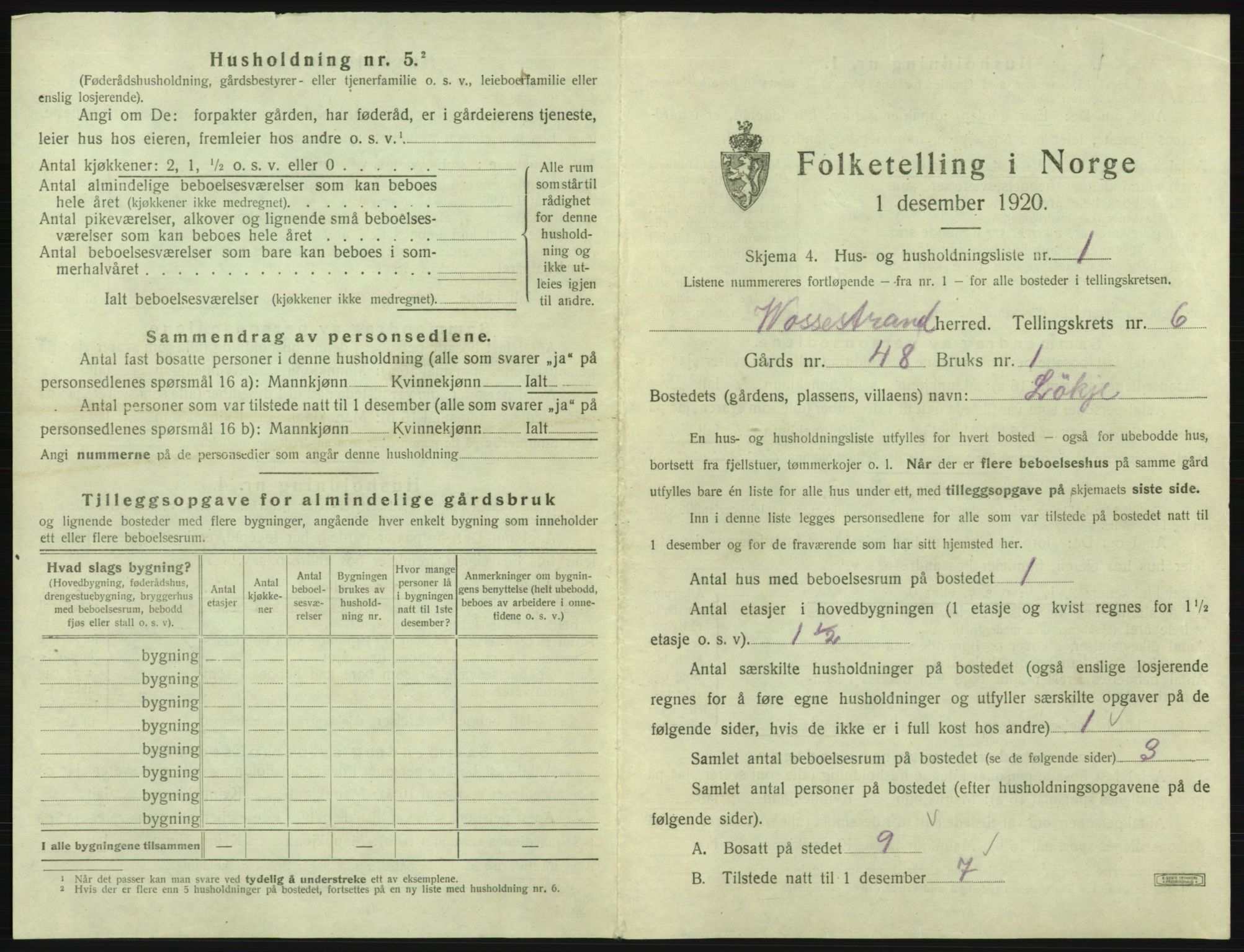 SAB, 1920 census for Vossestrand, 1920, p. 414