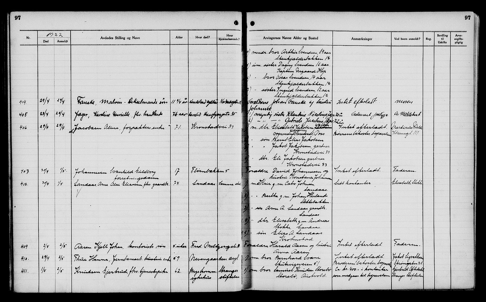 Byfogd og Byskriver i Bergen, AV/SAB-A-3401/06/06Na/L0014: Dødsfallsjournaler, 1921-1924, p. 97