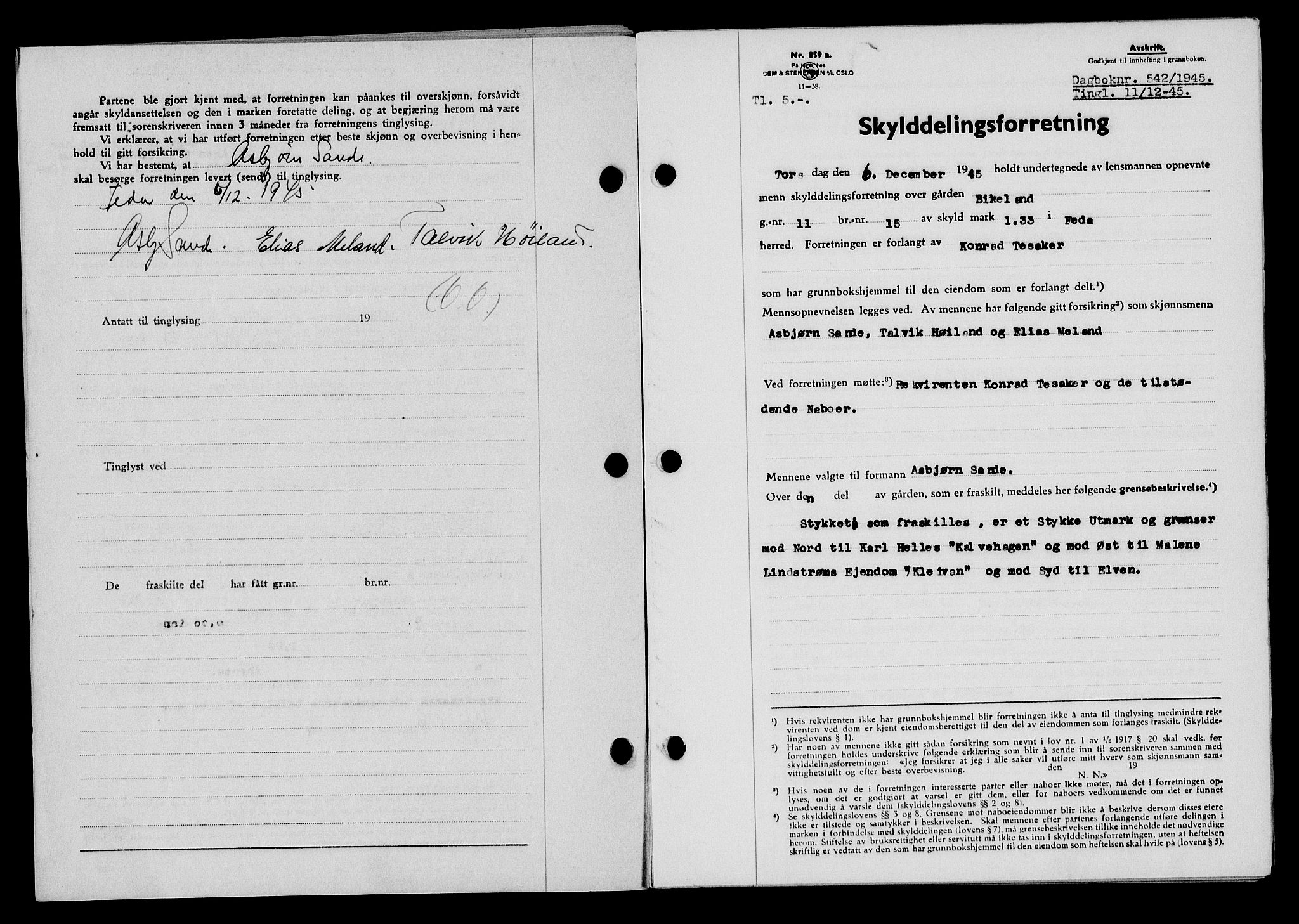 Flekkefjord sorenskriveri, SAK/1221-0001/G/Gb/Gba/L0060: Mortgage book no. A-8, 1945-1946, Diary no: : 542/1945