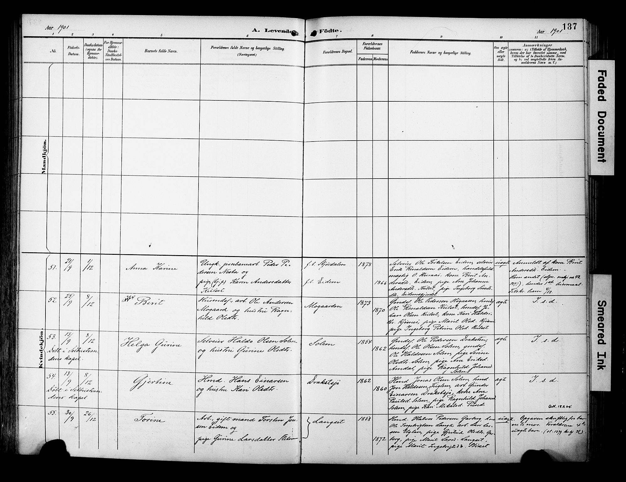 Ministerialprotokoller, klokkerbøker og fødselsregistre - Sør-Trøndelag, AV/SAT-A-1456/695/L1149: Parish register (official) no. 695A09, 1891-1902, p. 137