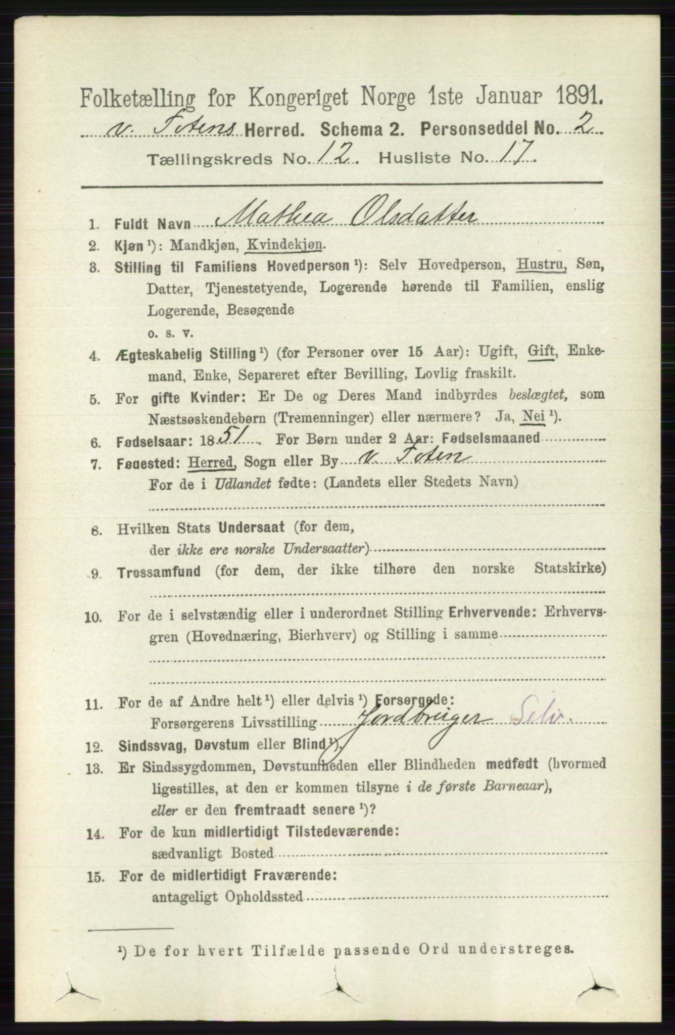 RA, 1891 census for 0529 Vestre Toten, 1891, p. 7382