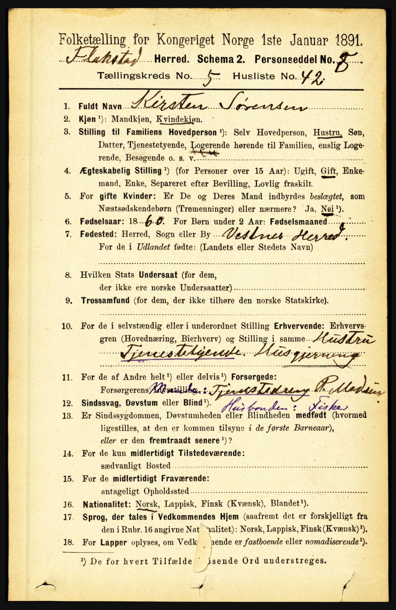 RA, 1891 census for 1859 Flakstad, 1891, p. 2775