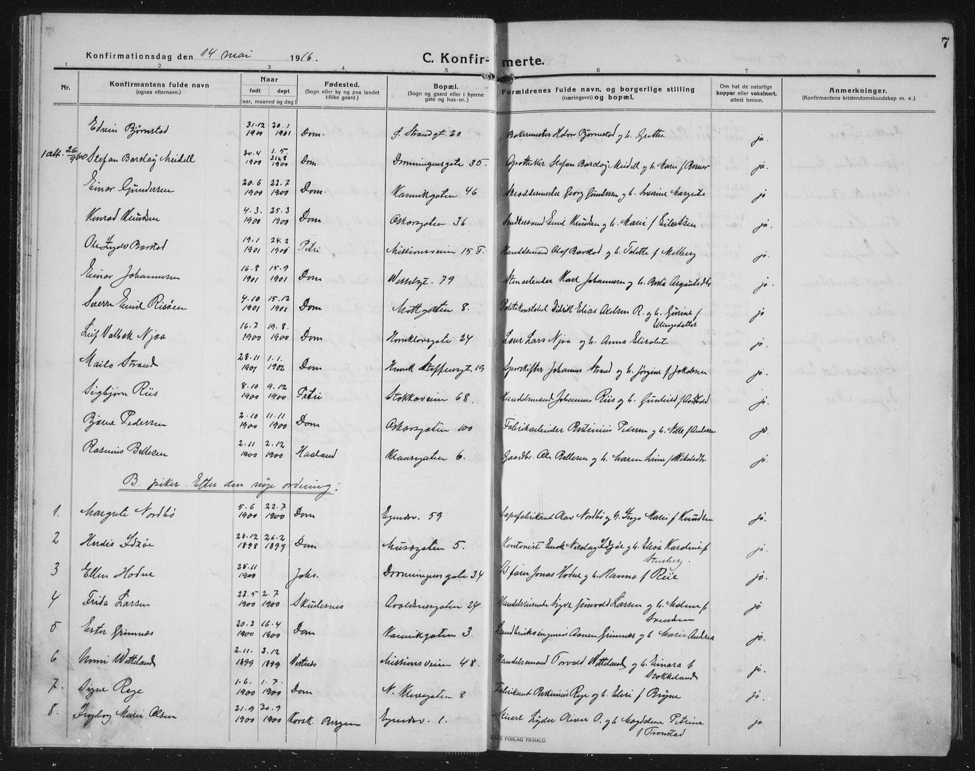 Domkirken sokneprestkontor, AV/SAST-A-101812/002/A/L0019: Parish register (official) no. A 35, 1916-1932, p. 7