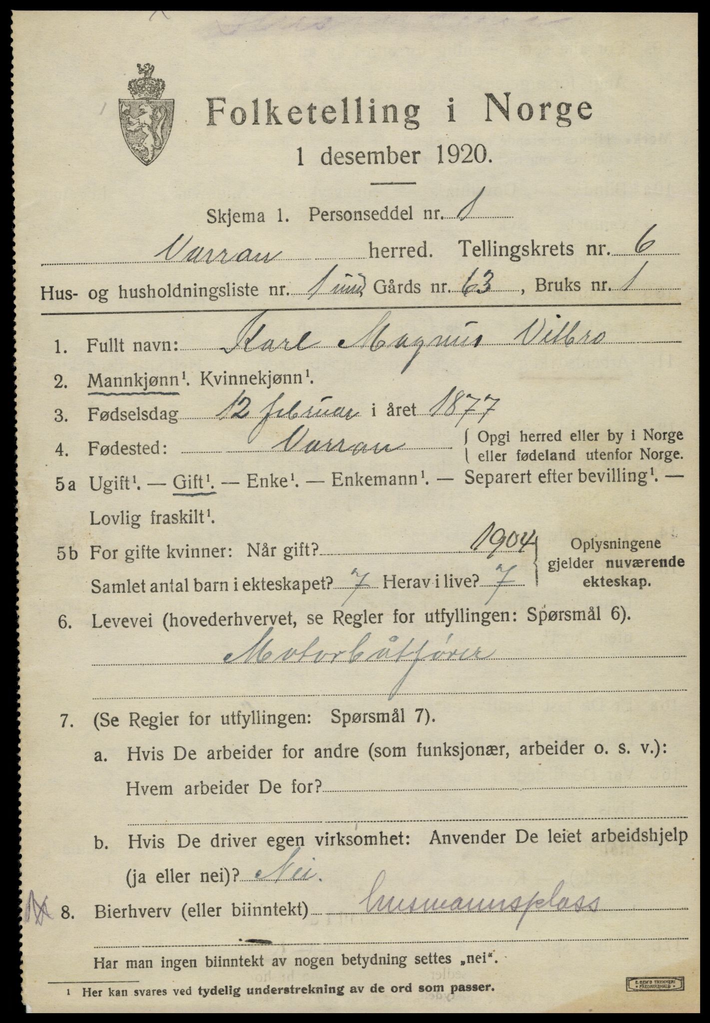 SAT, 1920 census for Verran, 1920, p. 2206