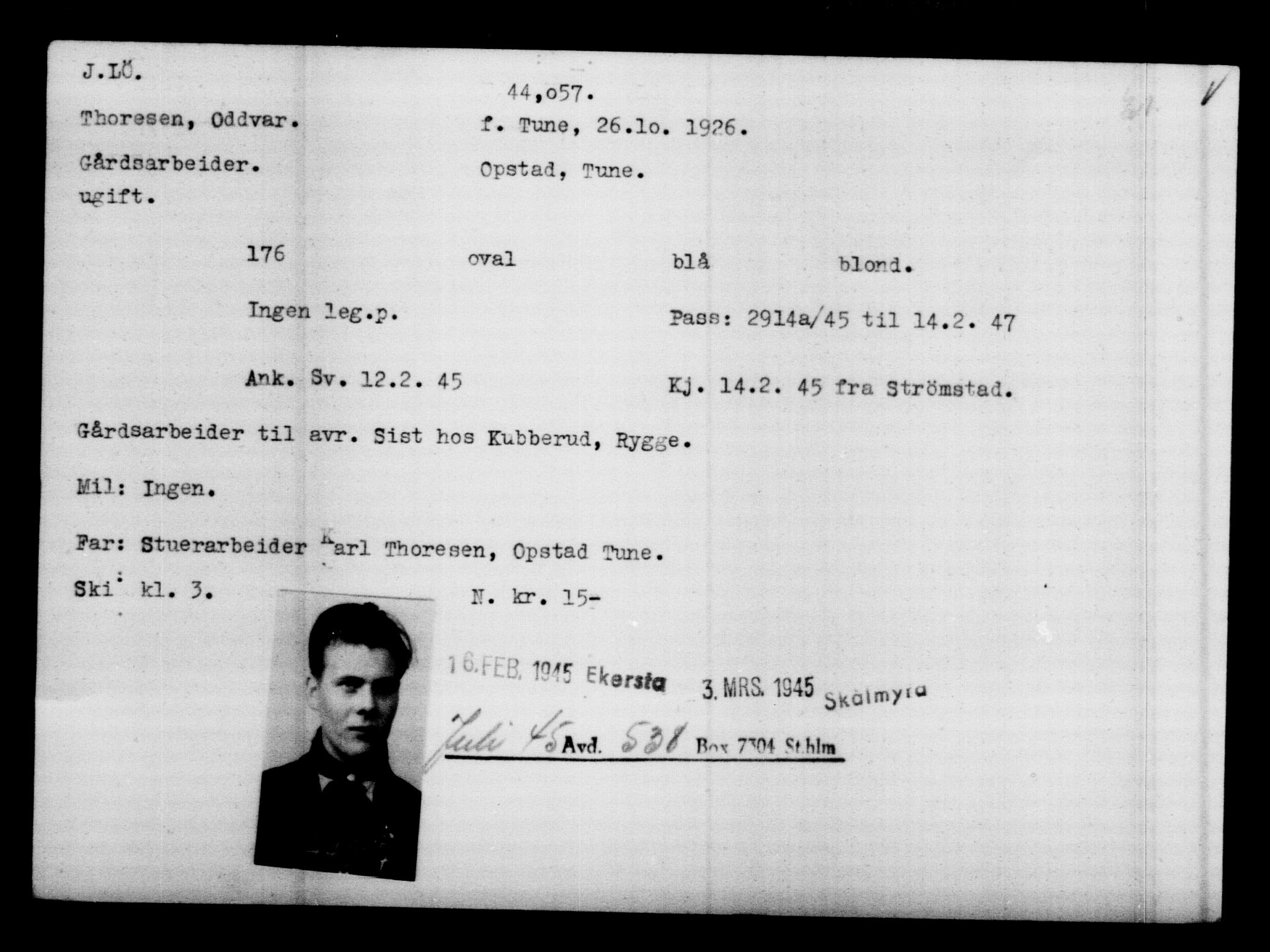 Utenriksstasjonene, Legasjonen i Stockholm, Flyktningkontoret, AV/RA-S-6753/V/Va/L0017: Kjesäterkartoteket, flyktninger med registreringsnr. 43400-46318, 1940-1945, p. 688